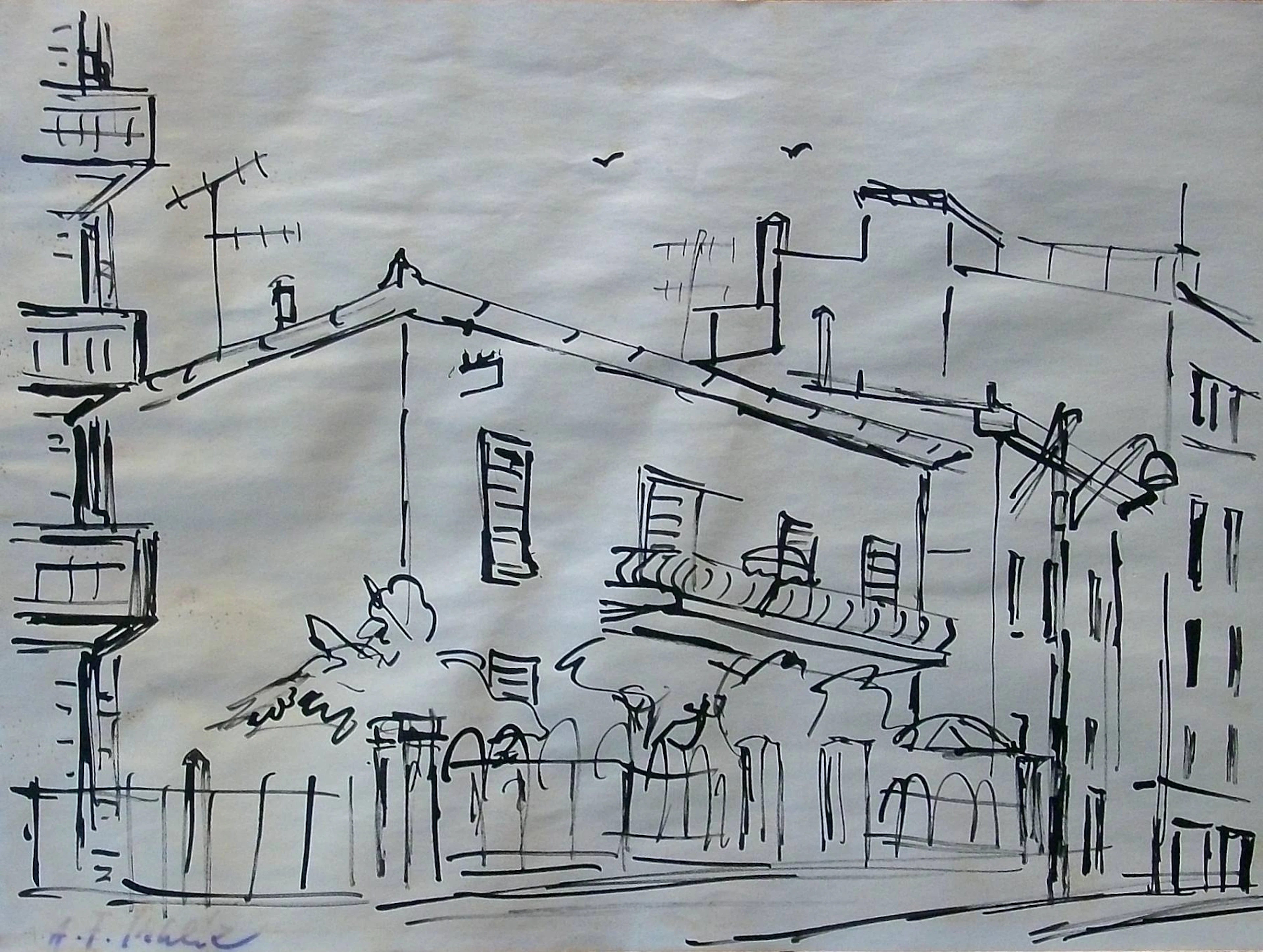 Antonin Frantisek Sthelík. Ink drawing “Landscape with House”. Hand-signed.