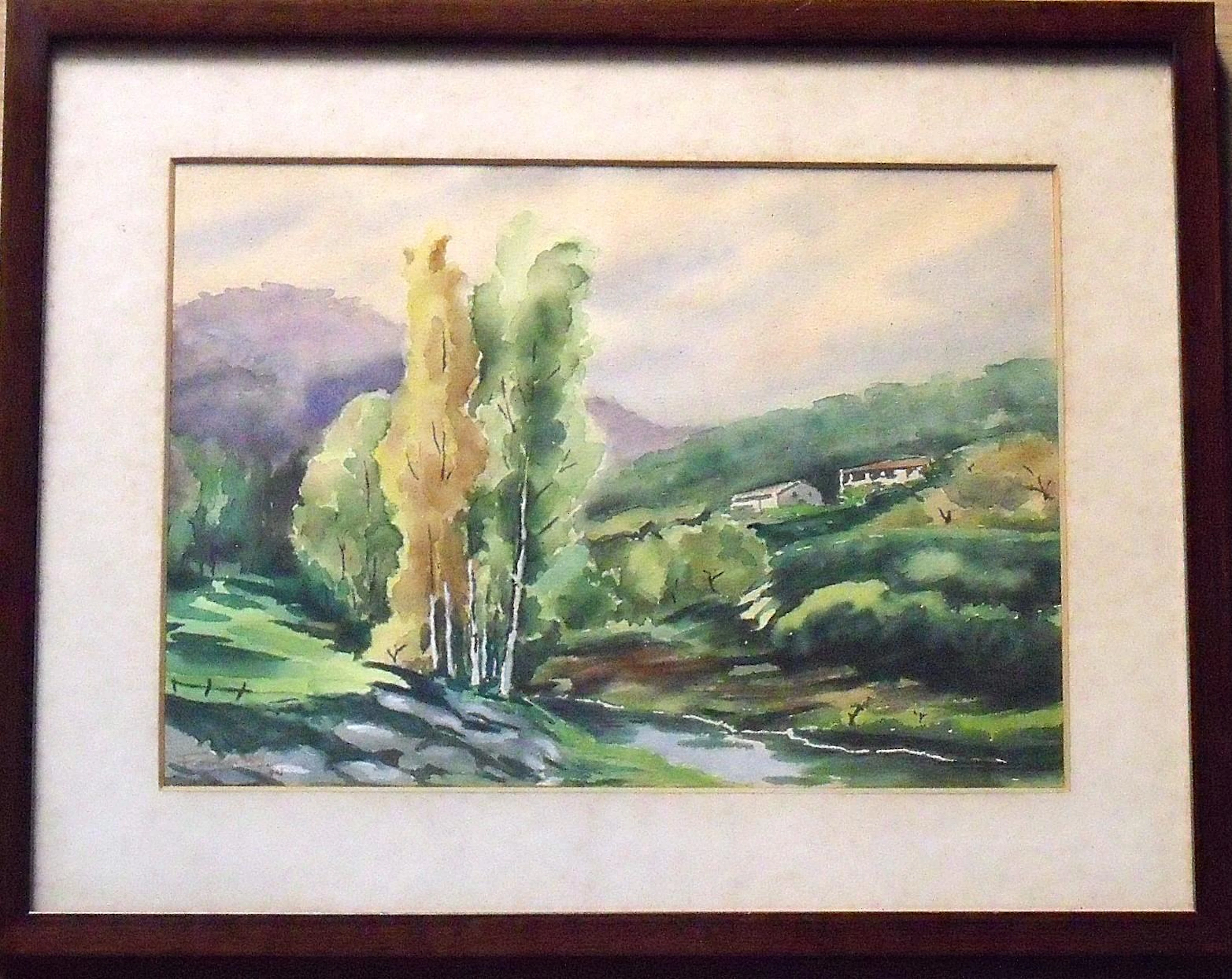 Sorry Faura. Watercolor on paper "Landscape with river and houses".