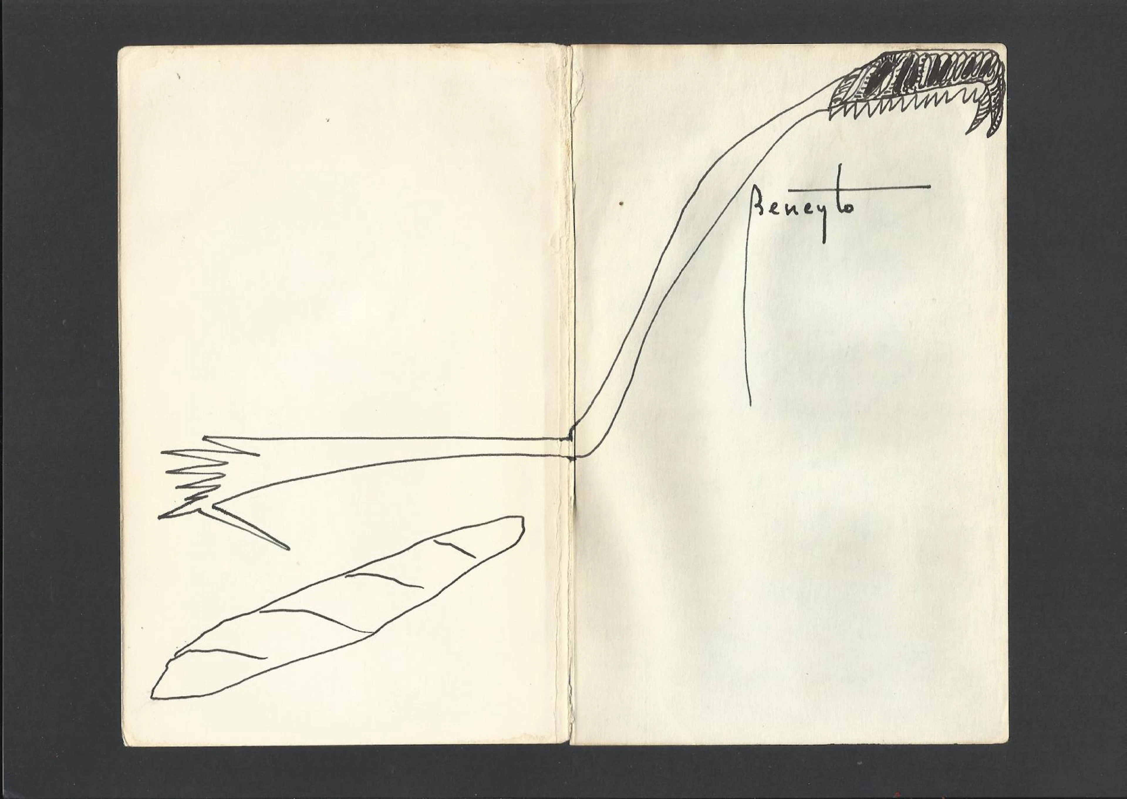 Antonio Beneyto. Ink drawing on paper. Surrealism "Arm, knife and
