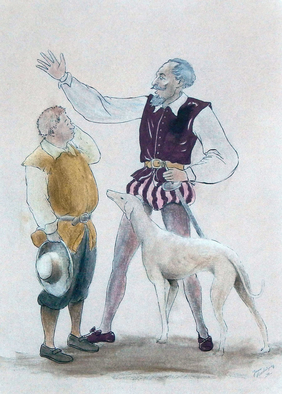 Juan Rodríguez. Ink and color drawing on paper. "Don Quixote, Sancho