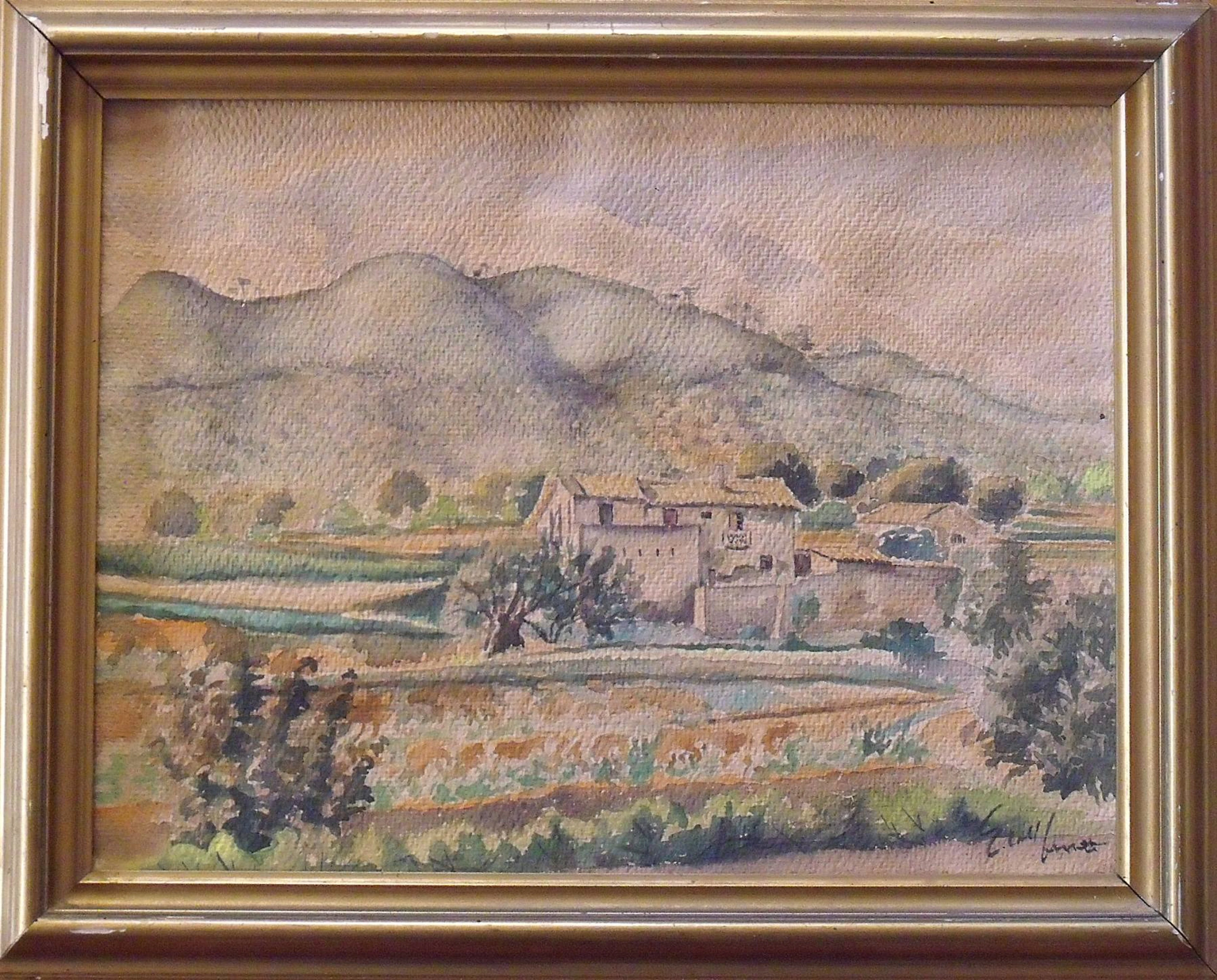 E. Coll Bonet. Watercolor on paper. "Landscape with farmhouse". Catalan