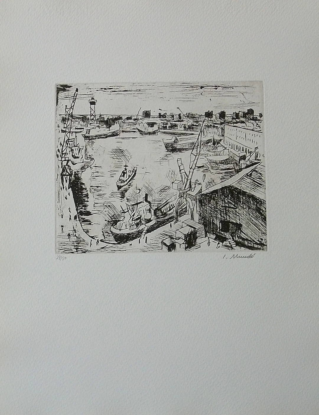 Ignasi Mundó. Etching "From the port". Hand-signed. Numbered 29/50.