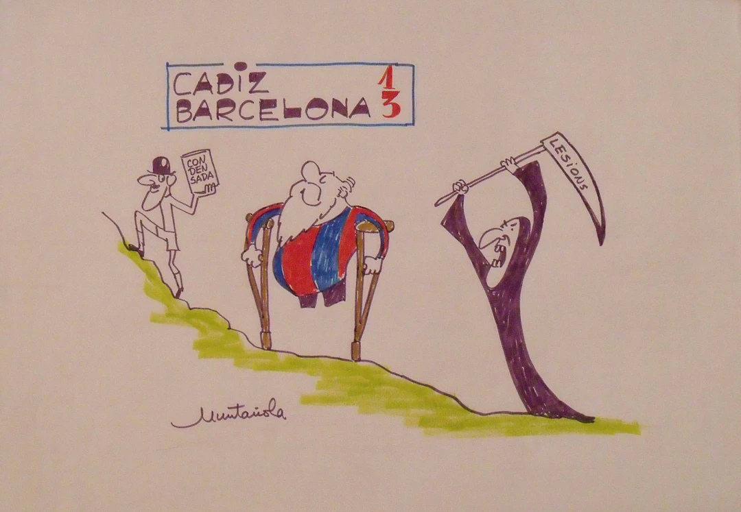 Joaquim Muntañola. Marker drawing ”Cádiz 1 Barcelona 3”. Hand signed.