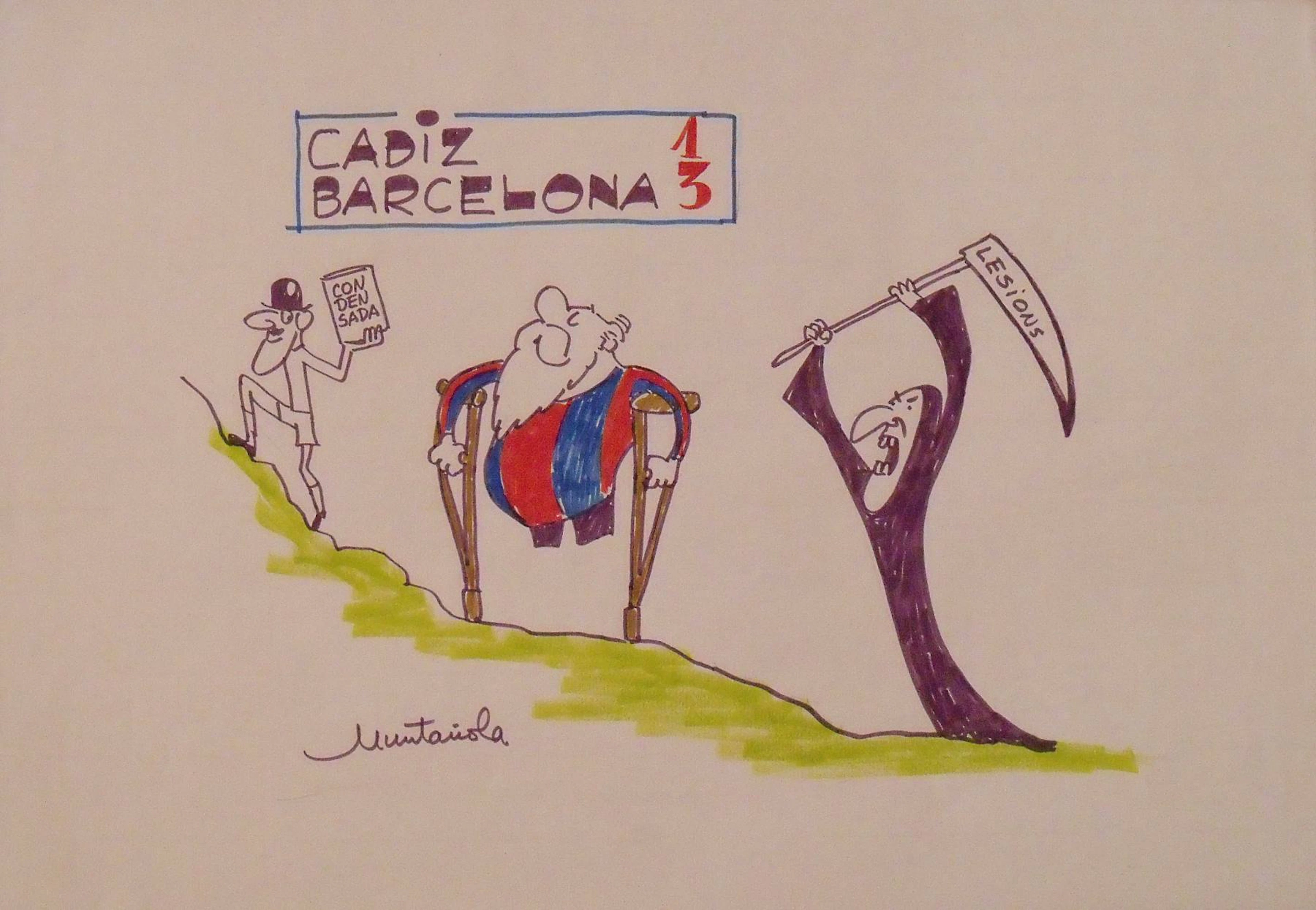 Joaquim Muntañola. Marker drawing ”Cádiz 1 Barcelona 3”. Hand signed.