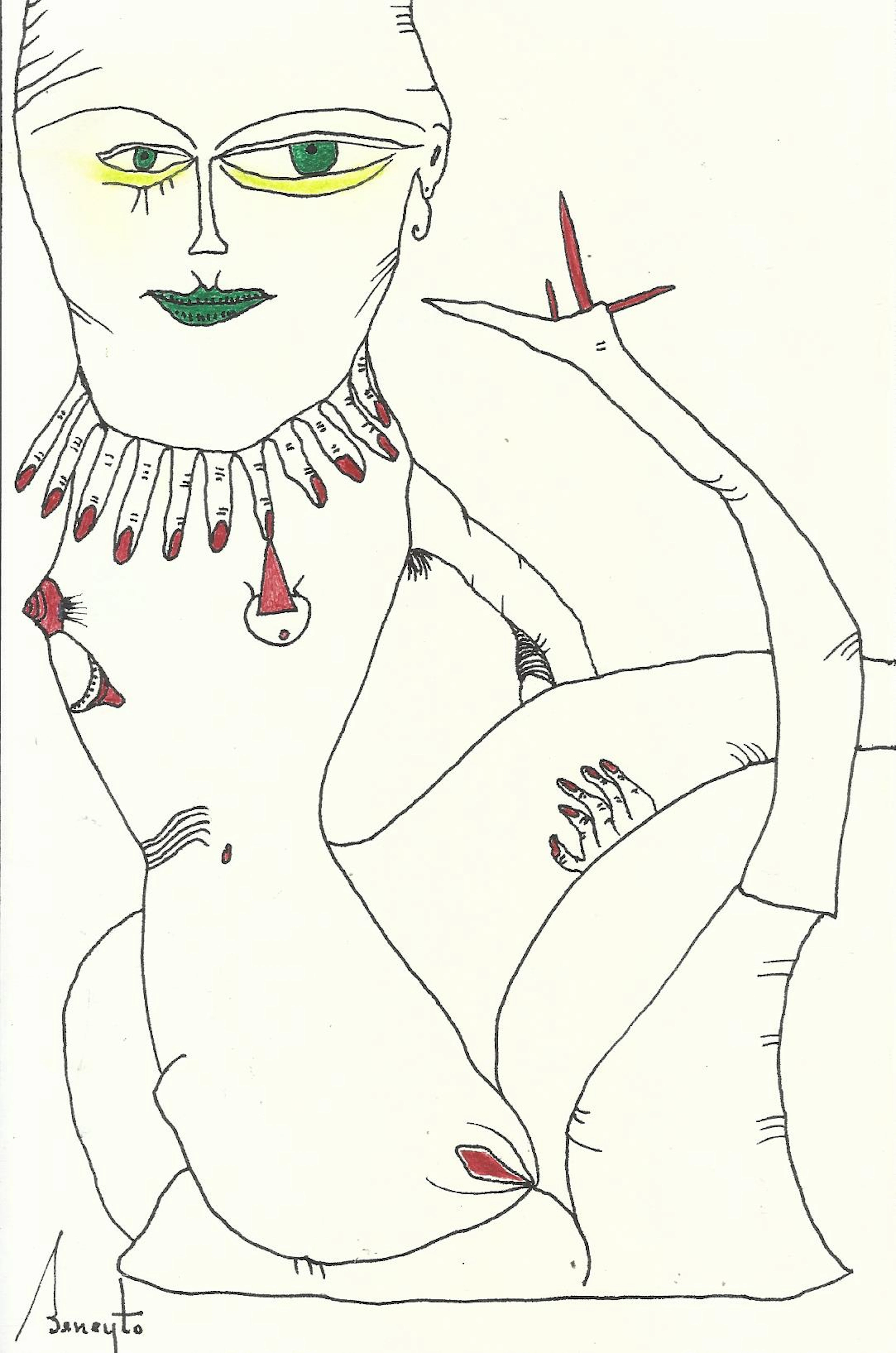 Antonio Beneyto. Ink and colored drawing on paper. Surrealism. Hand-signed.