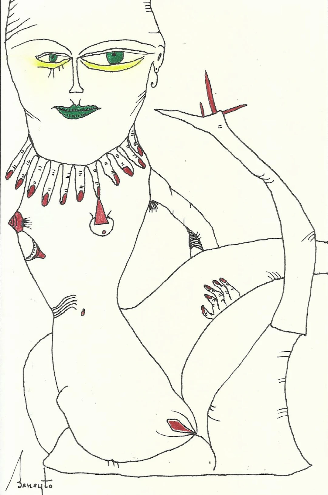 Antonio Beneyto. Ink and colored drawing on paper. Surrealism. Hand-signed.