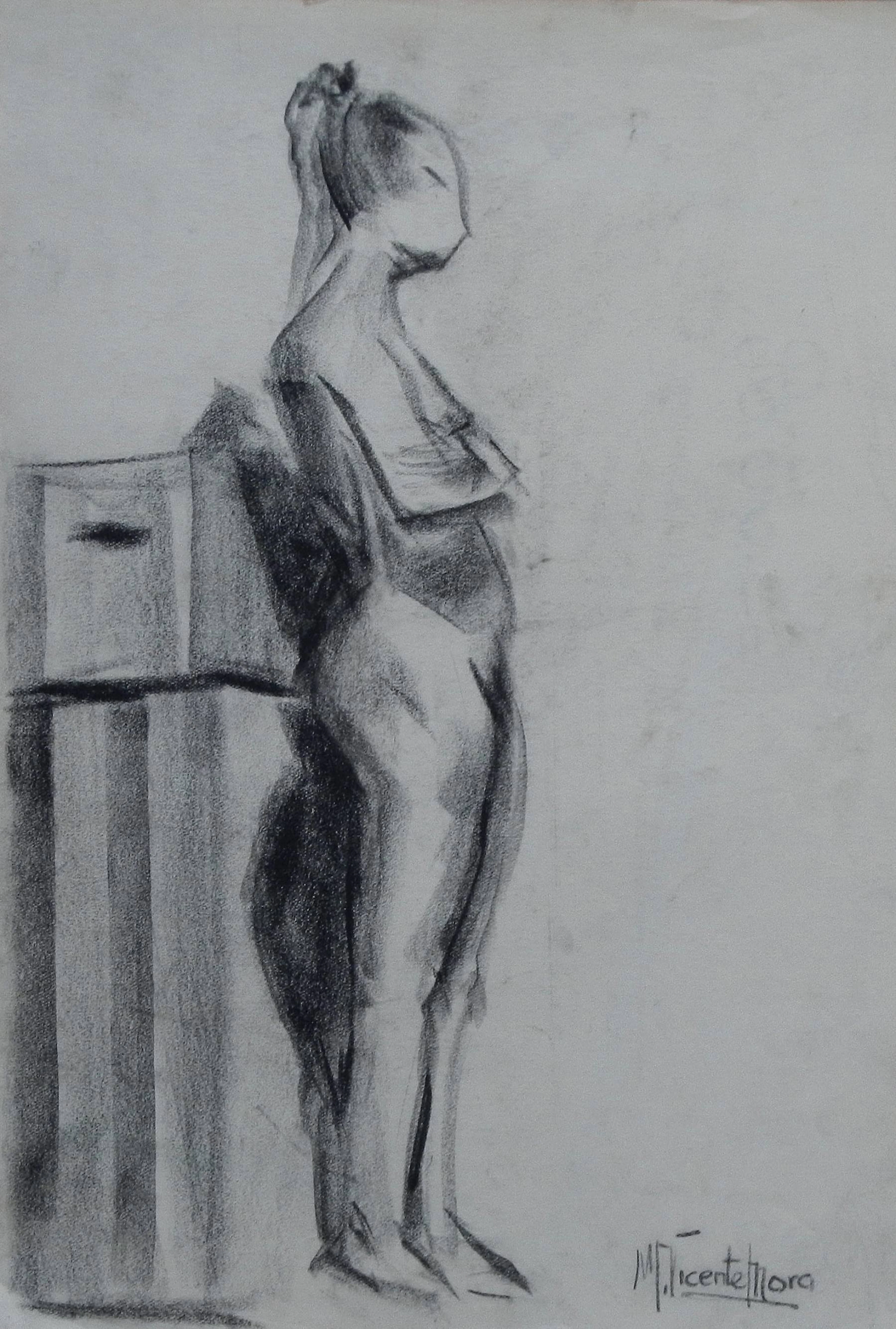 Manuel Vicente Mora. Charcoal on paper. “Female Nude and Faces”. Hand-signed.