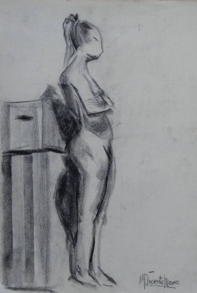 Manuel Vicente Mora. Charcoal on paper. “Female Nude and Faces”. Hand-signed.