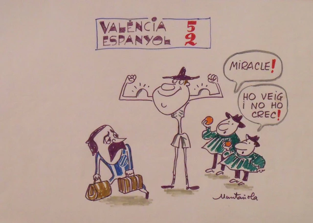 Joaquim Muntañola. Marker drawing “Valencia 5 Espanyol 2”. Signed