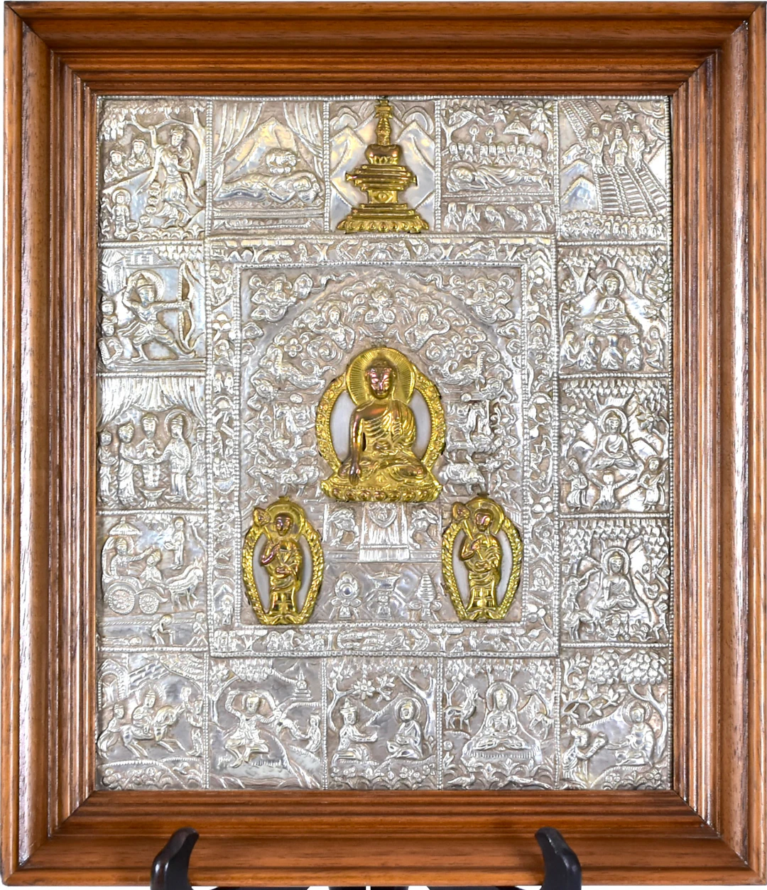 RELIEF, försilvrad och förgylld metall, Buddhas liv.
