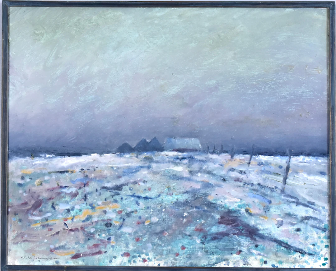 ILS JOHANSSON. oljemålning på duk, "Den första snö".