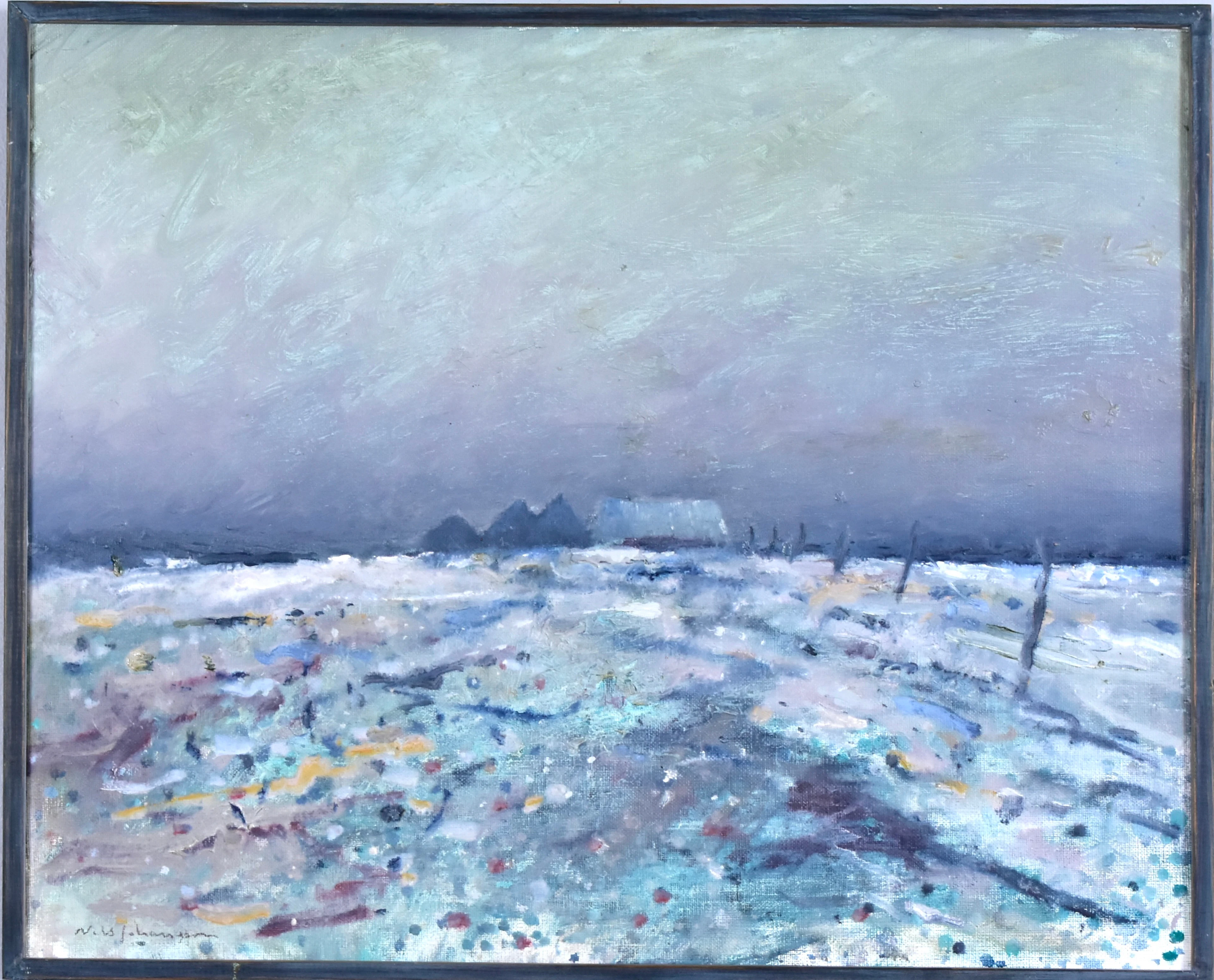 ILS JOHANSSON. oljemålning på duk, "Den första snö".