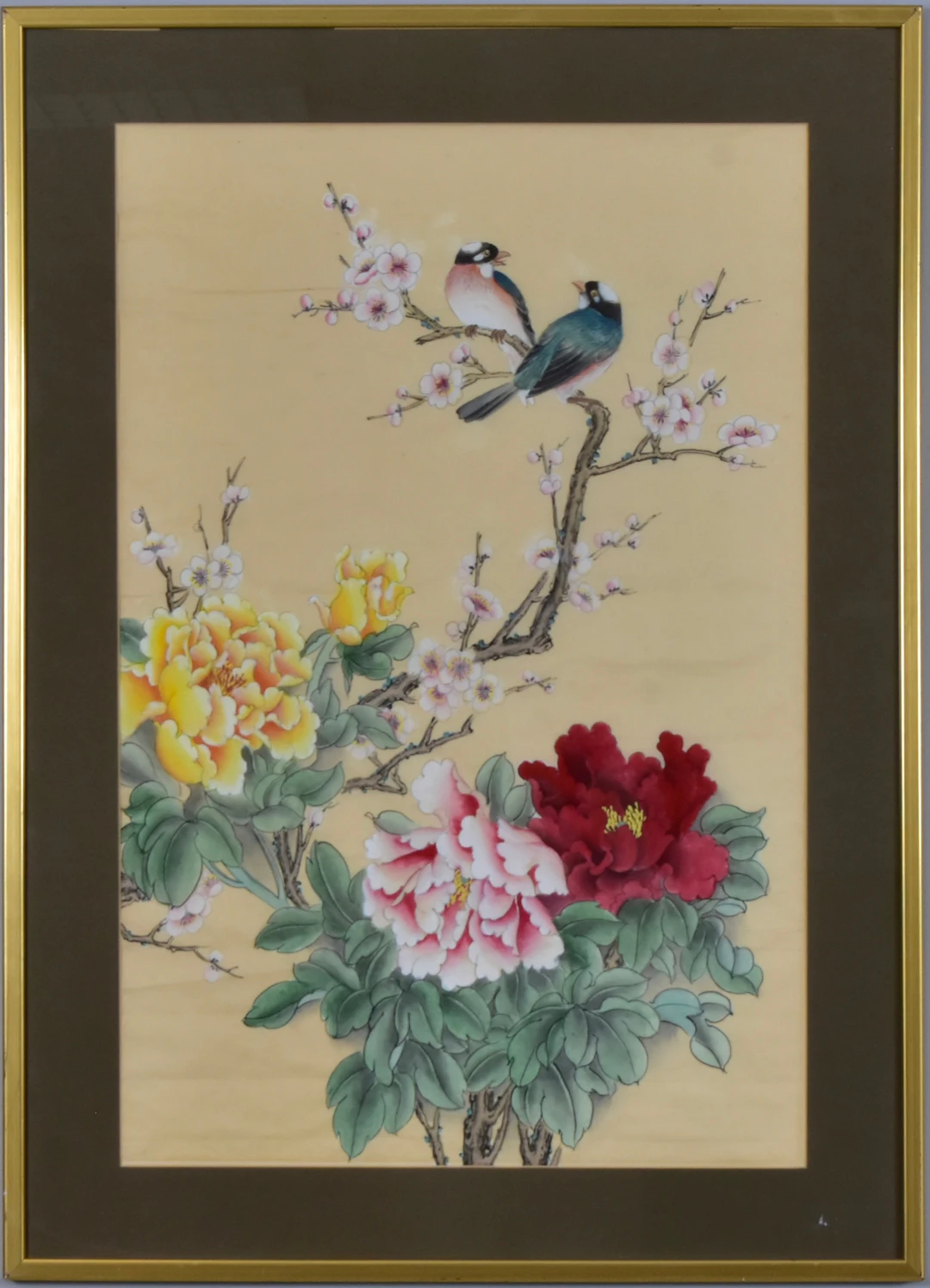 OKÄND KONSTNÄR. gouache på siden, Japan, fåglar och pioner.