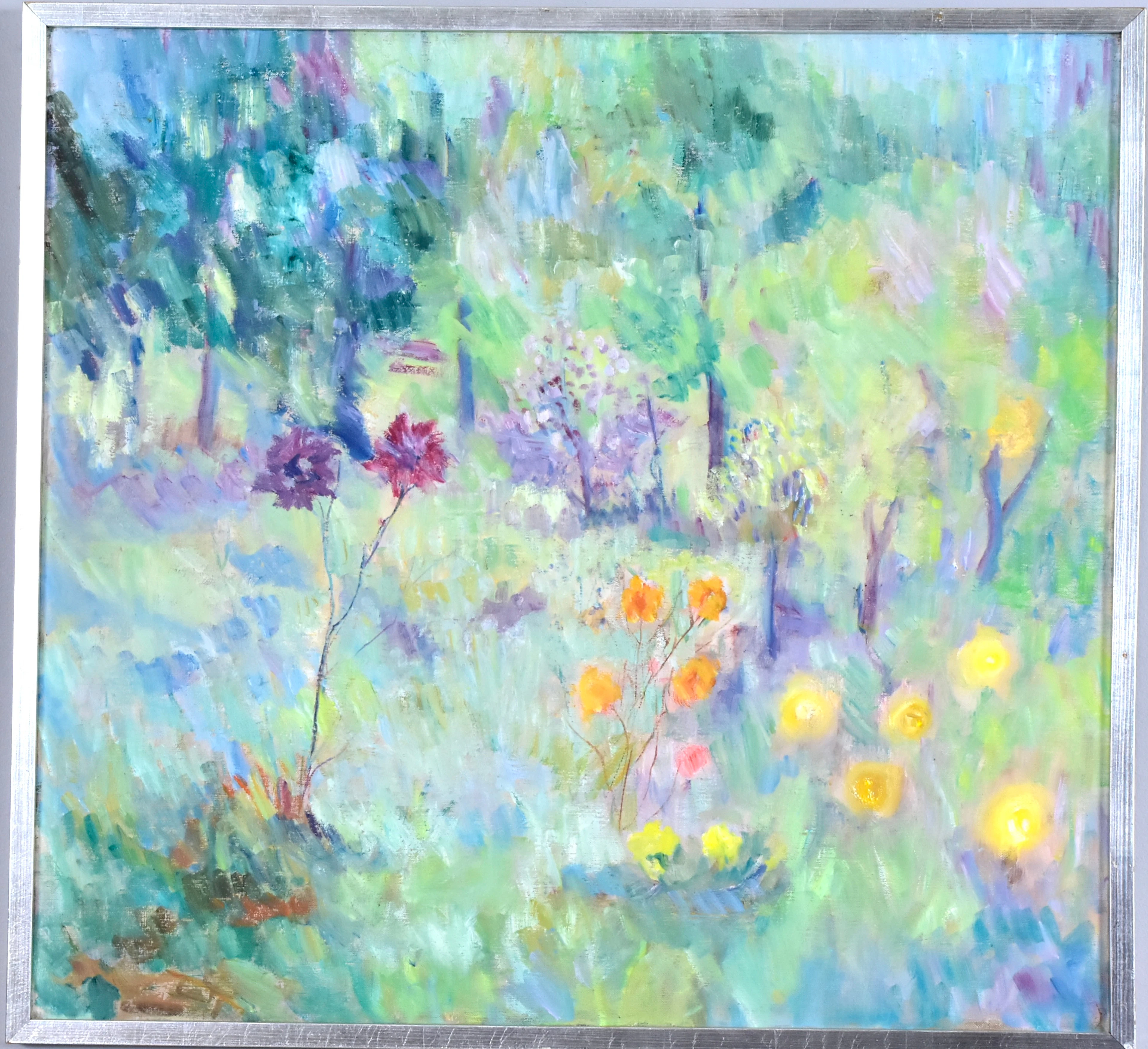 ANDREAS LENSDORF. oljemålning på duk, blommor i landskap.