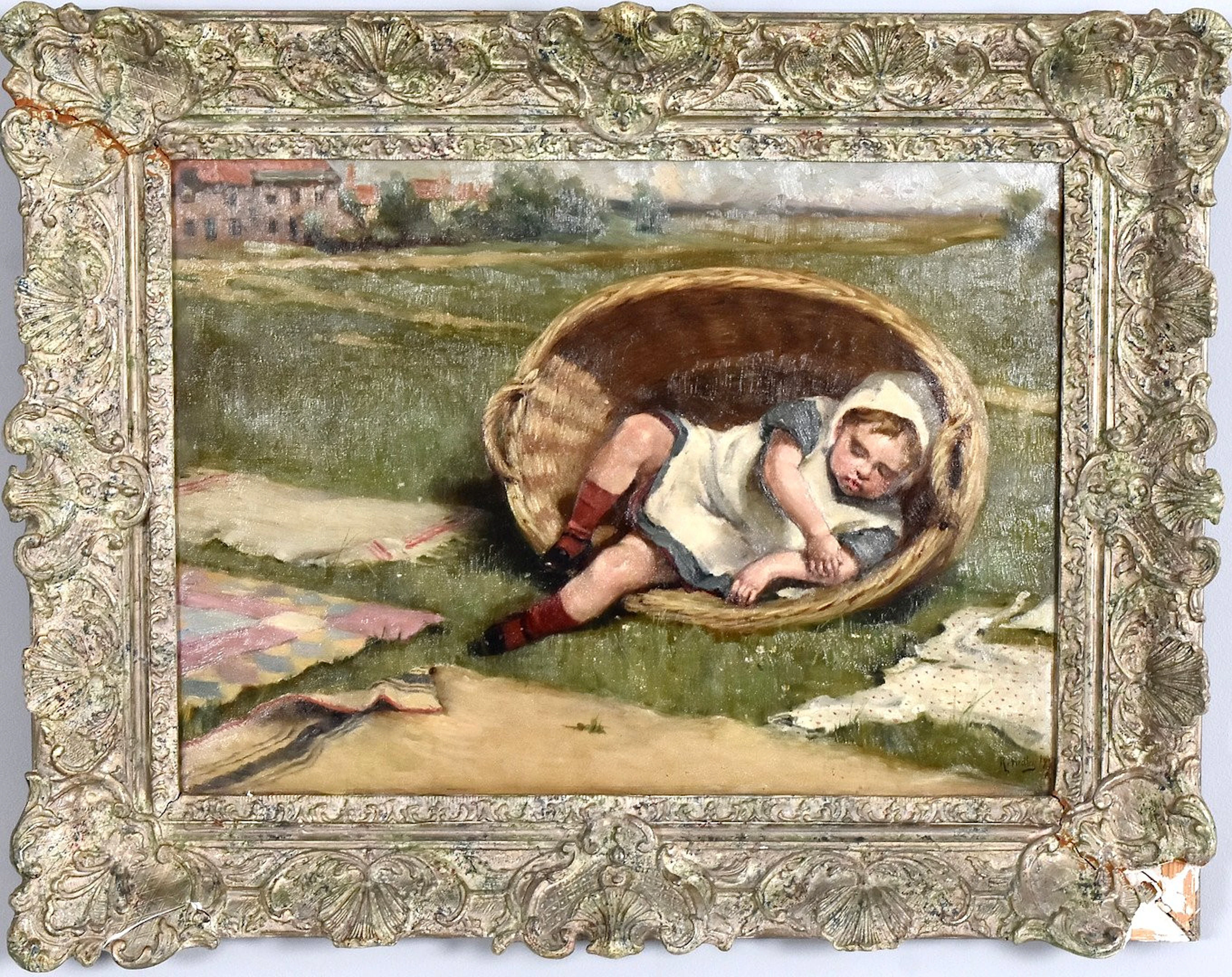 RALPH HEDLEY (1851-1913). oljemålning på duk, tvättkorg med vilande barn.