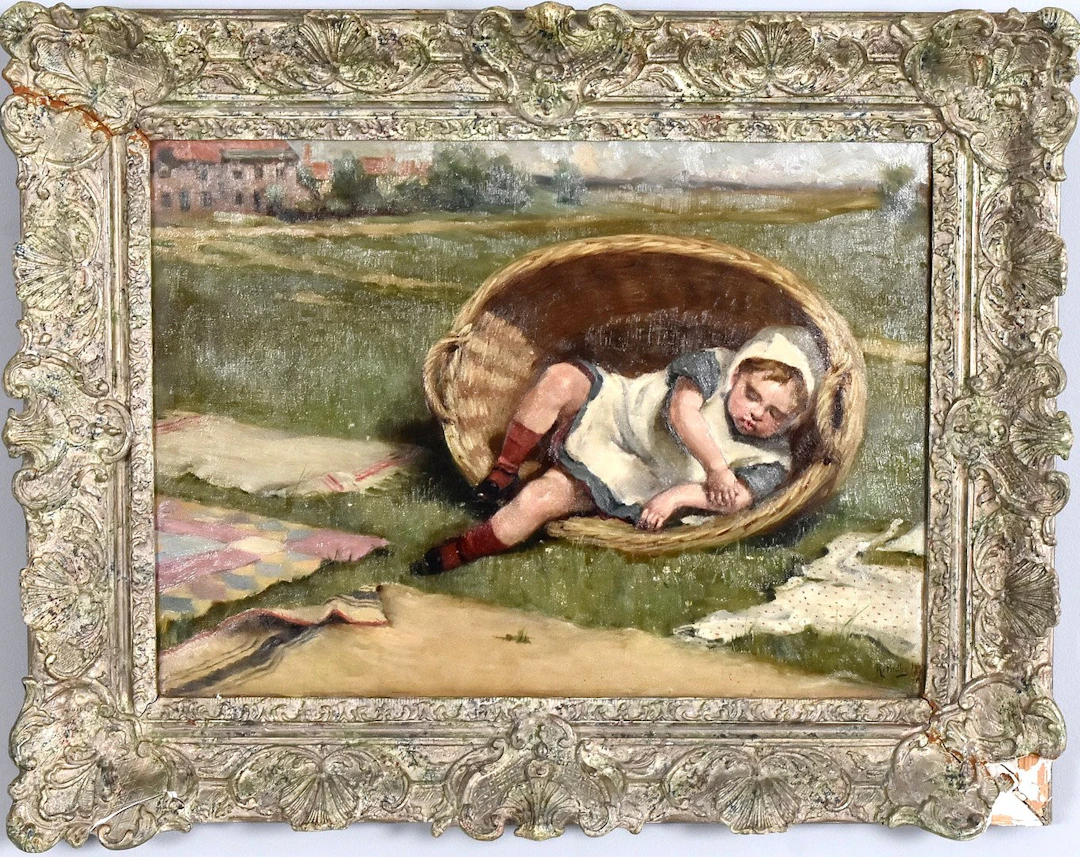 RALPH HEDLEY (1851-1913). oljemålning på duk, tvättkorg med vilande barn.