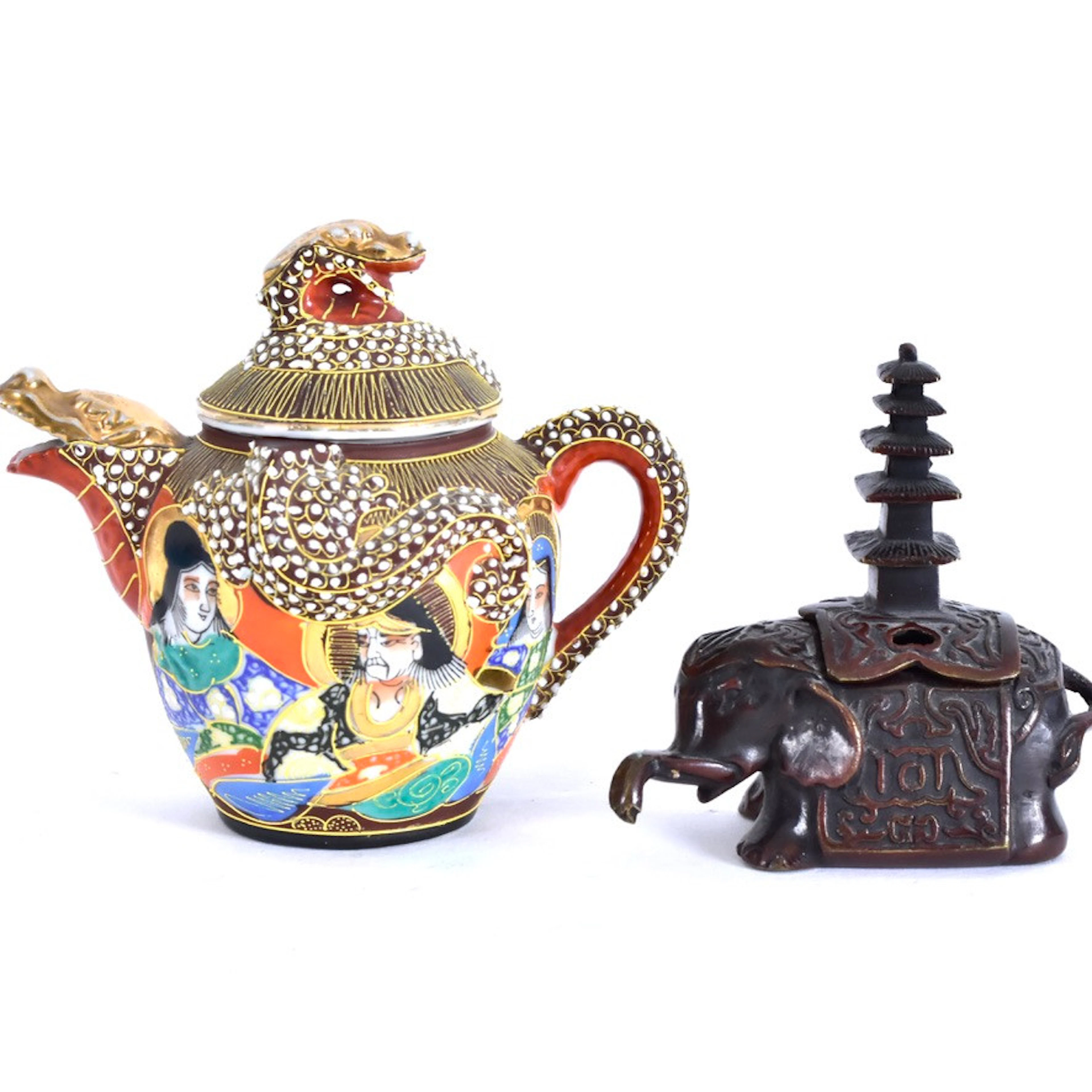 RÖKELSEKAR, brons, Japan, Meiji (1868-1912). medföljer tekanna, porslin