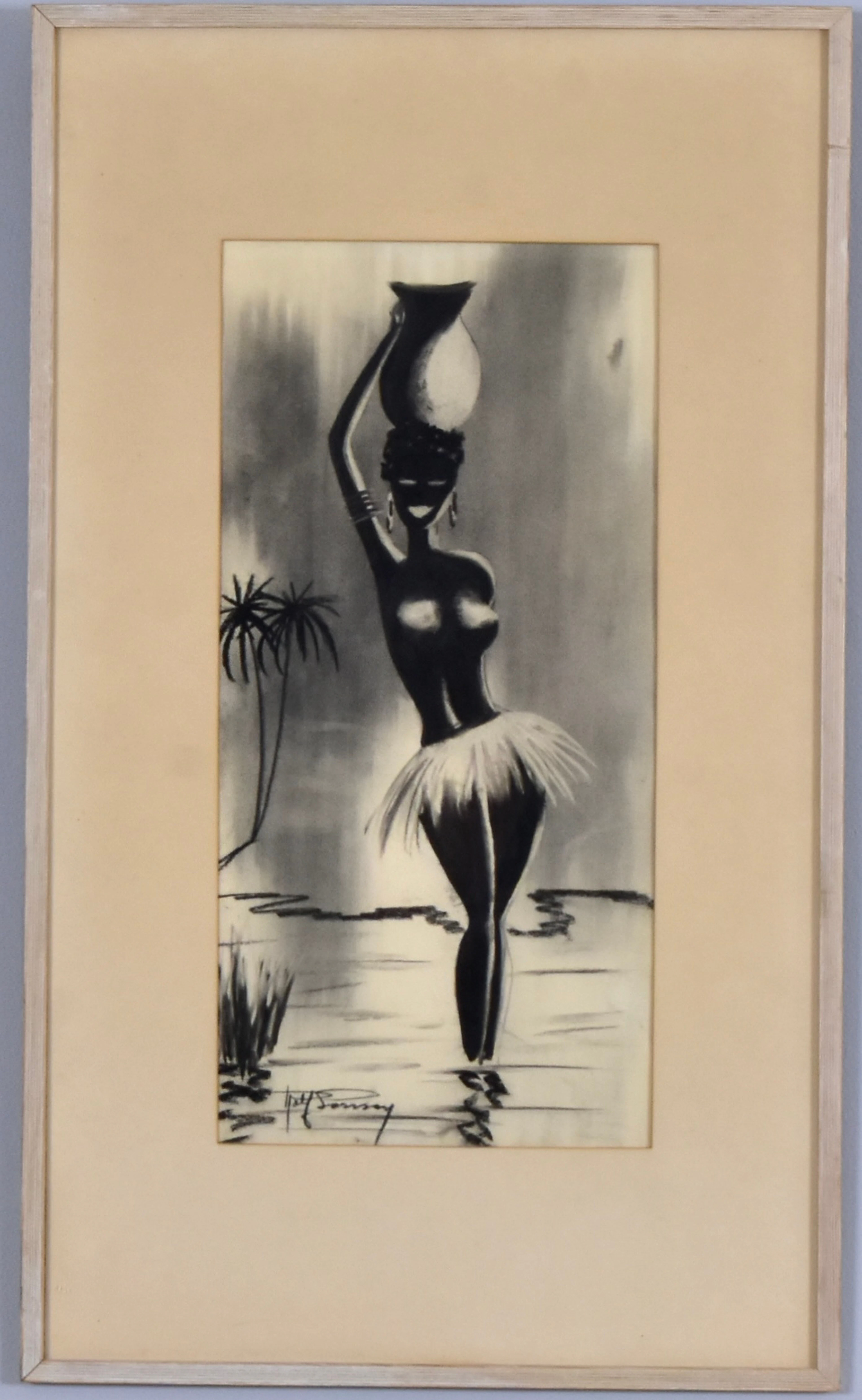 OIDENTIFIERAD KONSTNÄR. kolteckning, 1950-60-tal, stående afrikanska.