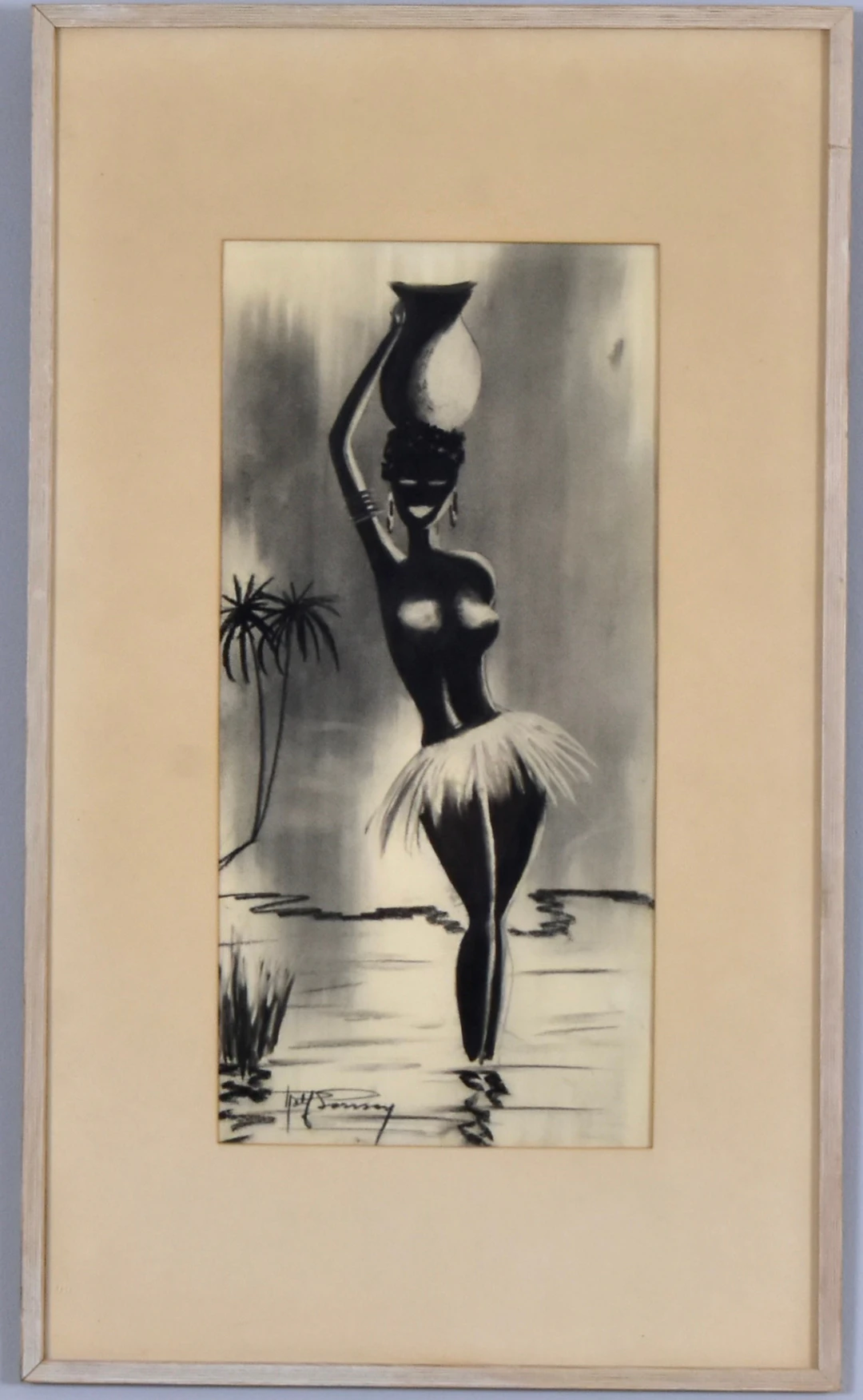 OIDENTIFIERAD KONSTNÄR. kolteckning, 1950-60-tal, stående afrikanska.