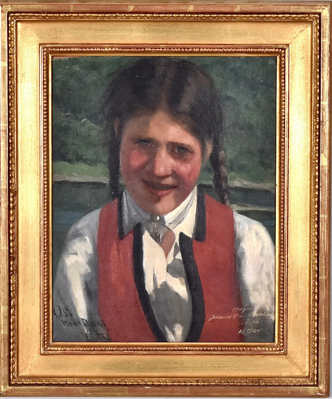 HANS DAHL. oljemålning på pannå, "Porträtt av Maja Johanne Marie Mikkelsdatter