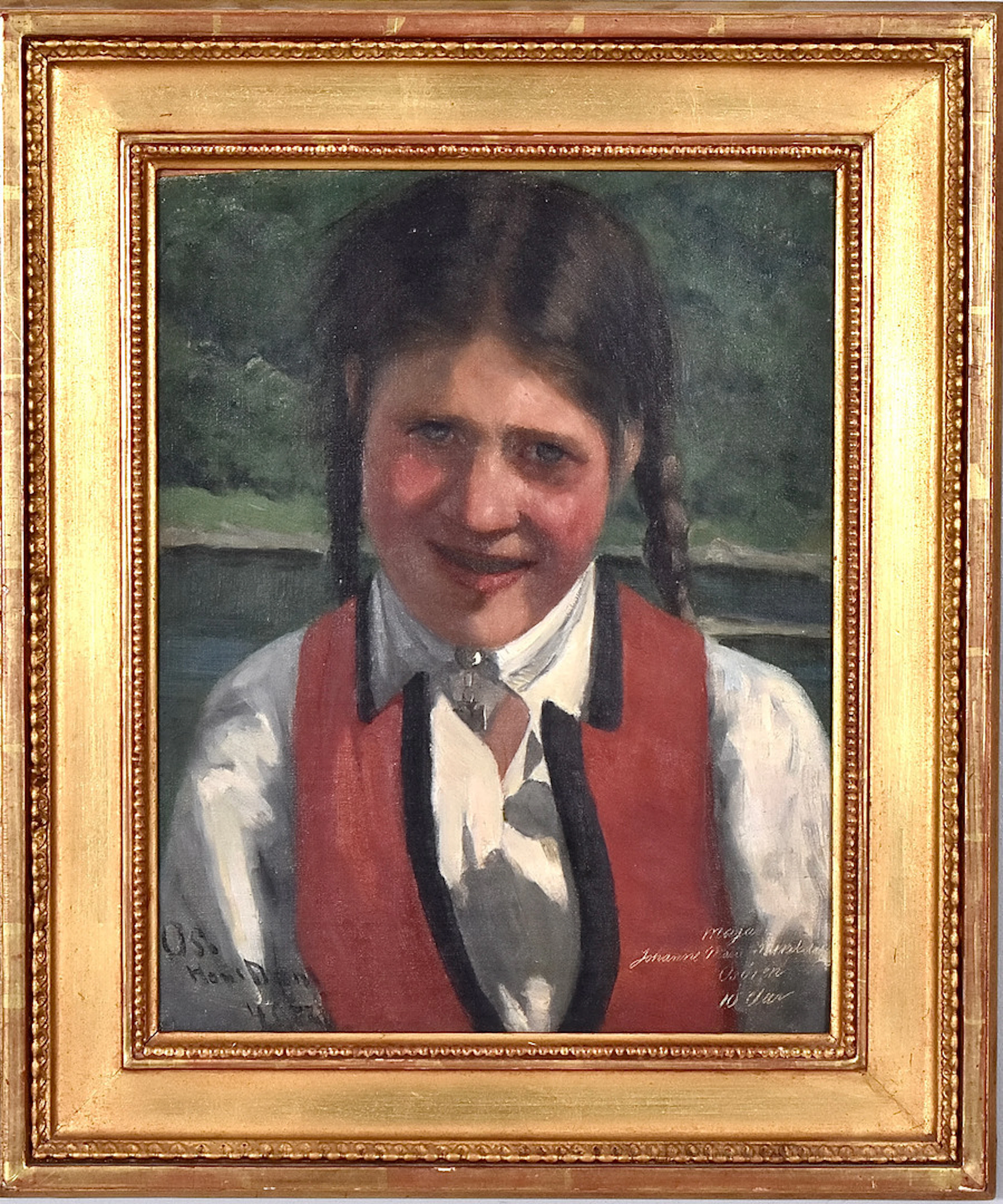 HANS DAHL. oljemålning på pannå, "Porträtt av Maja Johanne Marie Mikkelsdatter