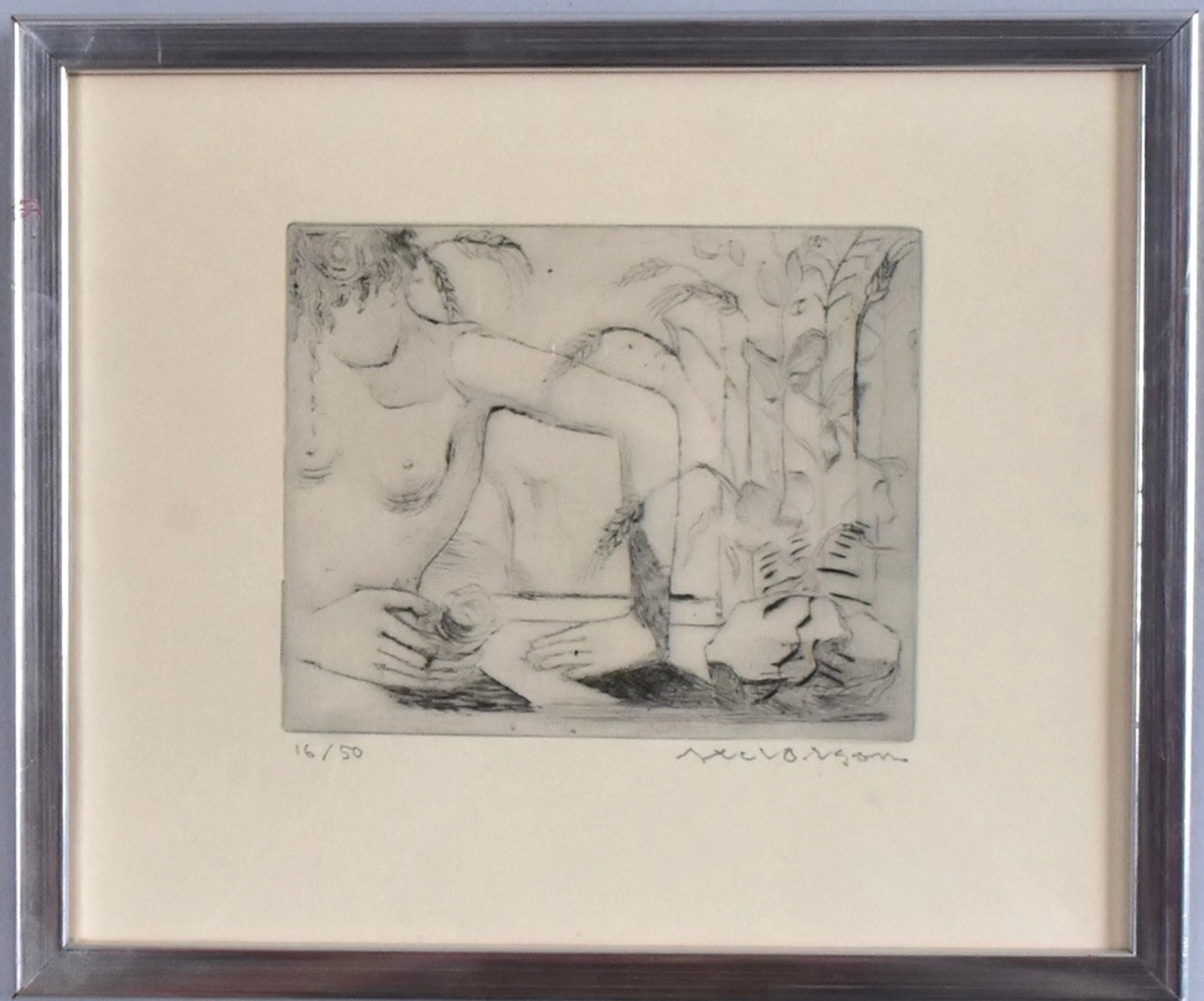 AXEL OLSON. etsning, surrealistisk komposition med kvinna.