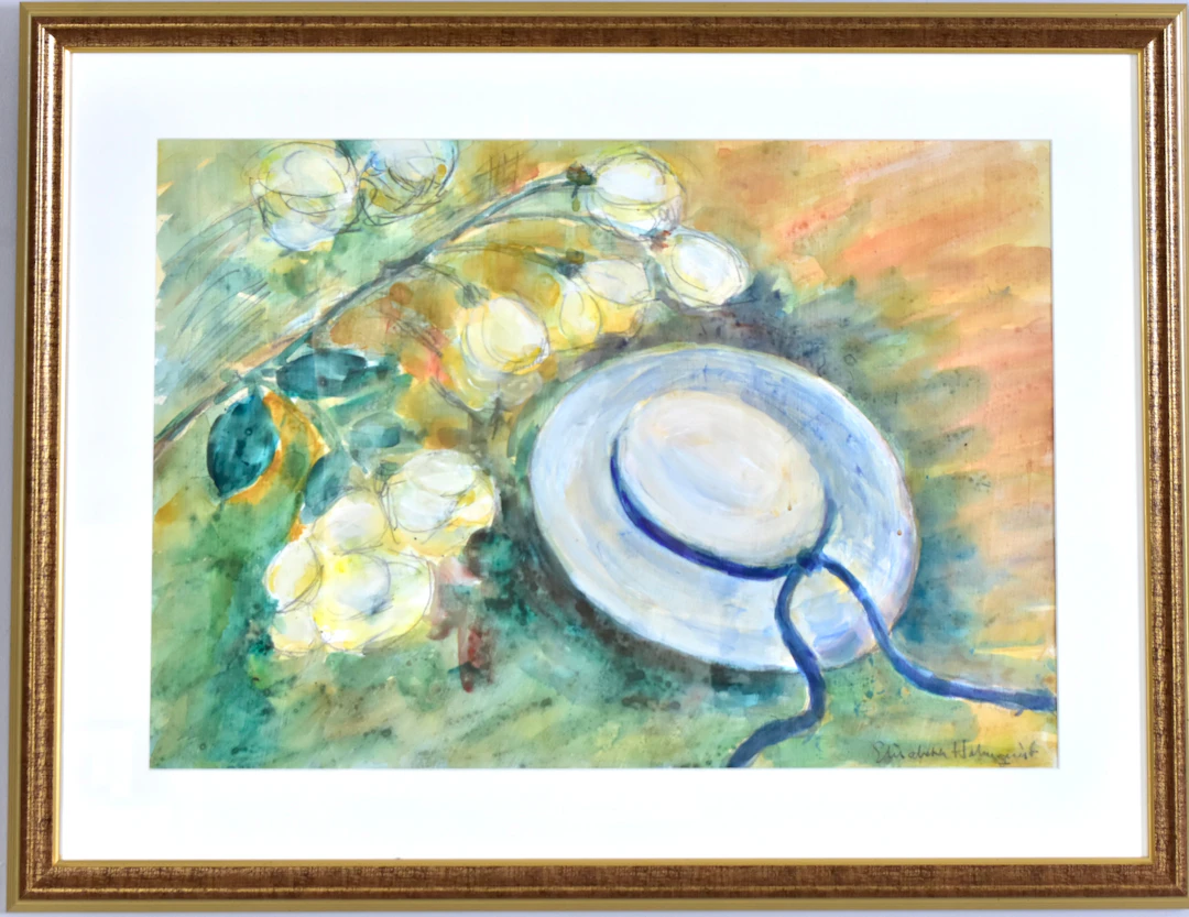ELISABETH HOLMQUIST. akvarell, stilleben med hatt, stilleben.
