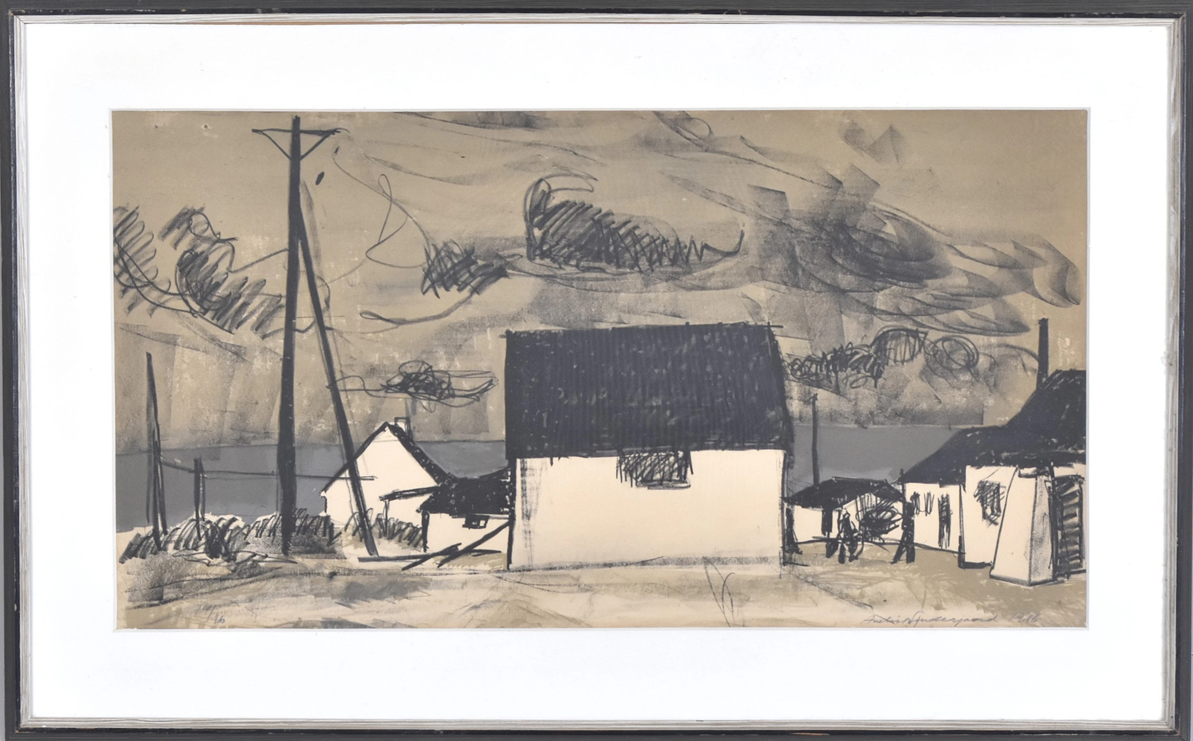 ANELISE SÖNDERGAARD. litografi, hus i landskap.