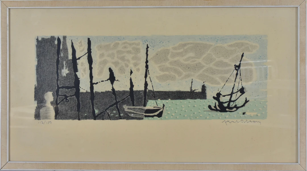 AXEL OLSON. färglitografi, Grötviks hamn.