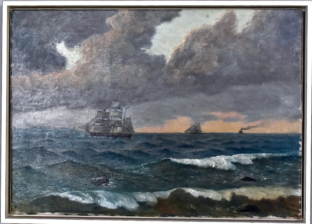 WILHELM BILLE. oljemålning på duk, segelfartyg till havs.