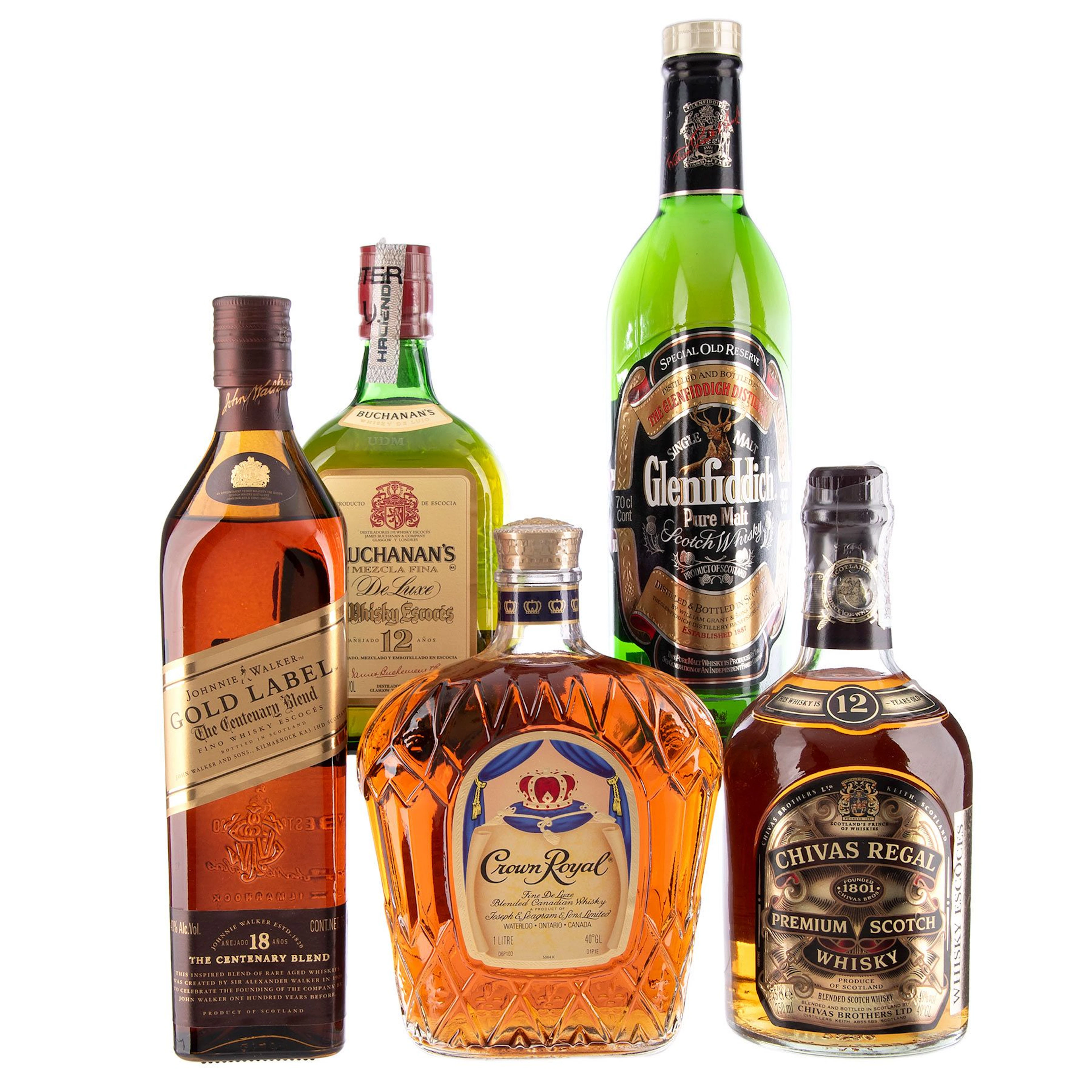 Whiskys Premium: Glenfiddich. Johnnie Walker Gold Label. Buchannans