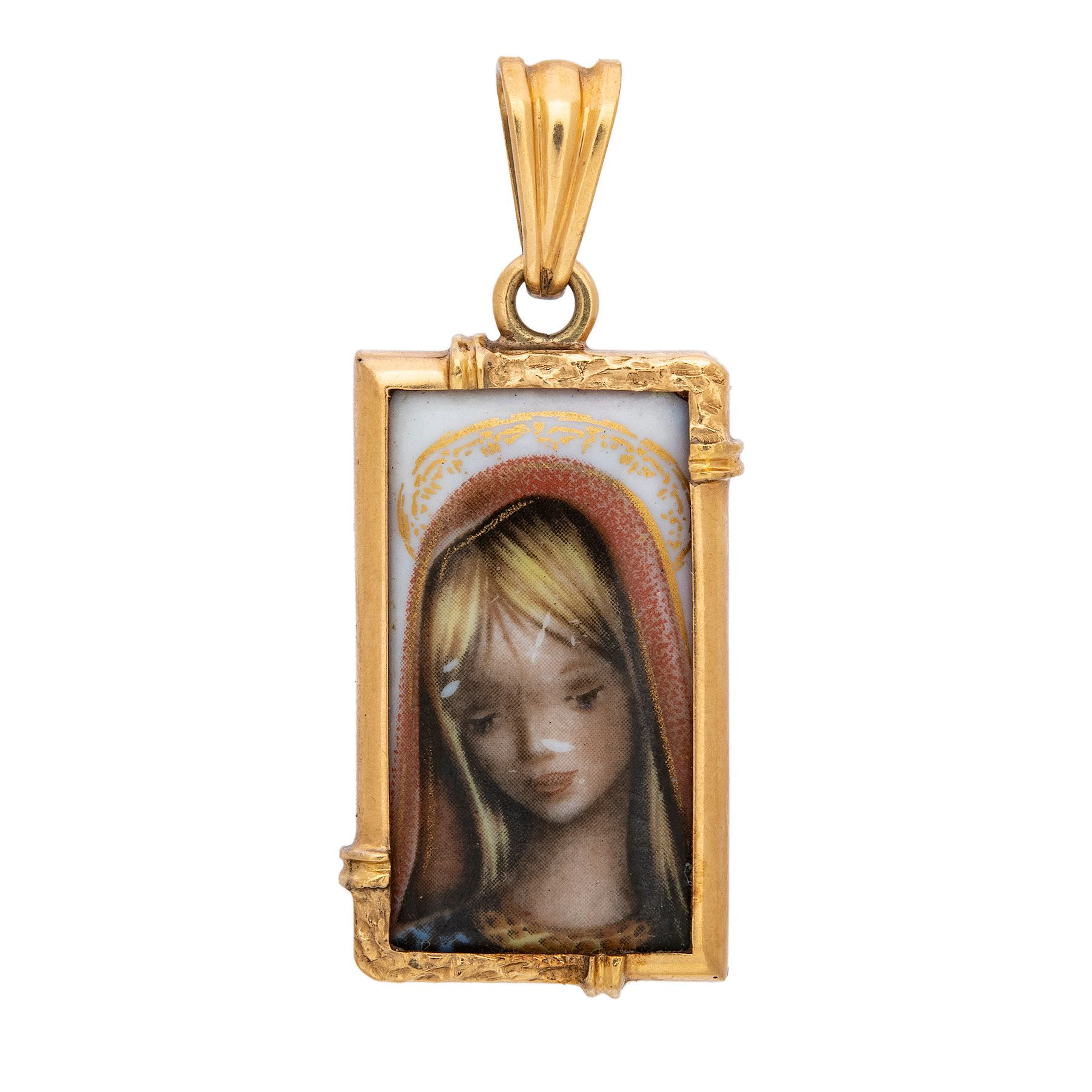 MEDALLA RELIGIOSA CON CERÁMICA ESMALTADA EN ORO AMARILLO DE 14K