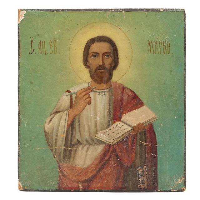 ICONO SAN MARCOS. RUSIA, SIGLO XX. Temple sobre tela, adherido a tabla