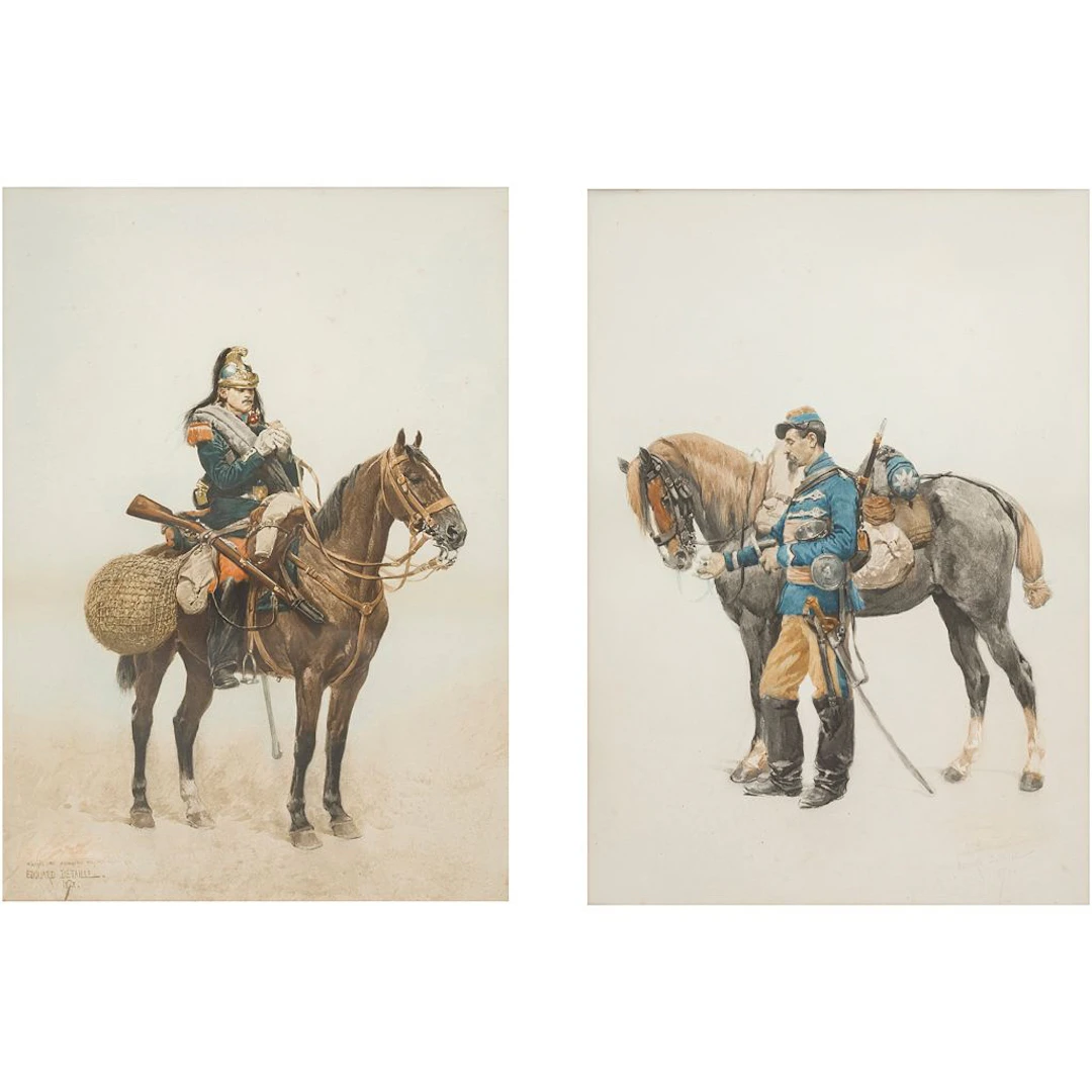 JEAN BAPTISTE ÉDOUARD DETAILLE. CORACERO Y SOLDADO FRANCÉS DE CABALLERÍA