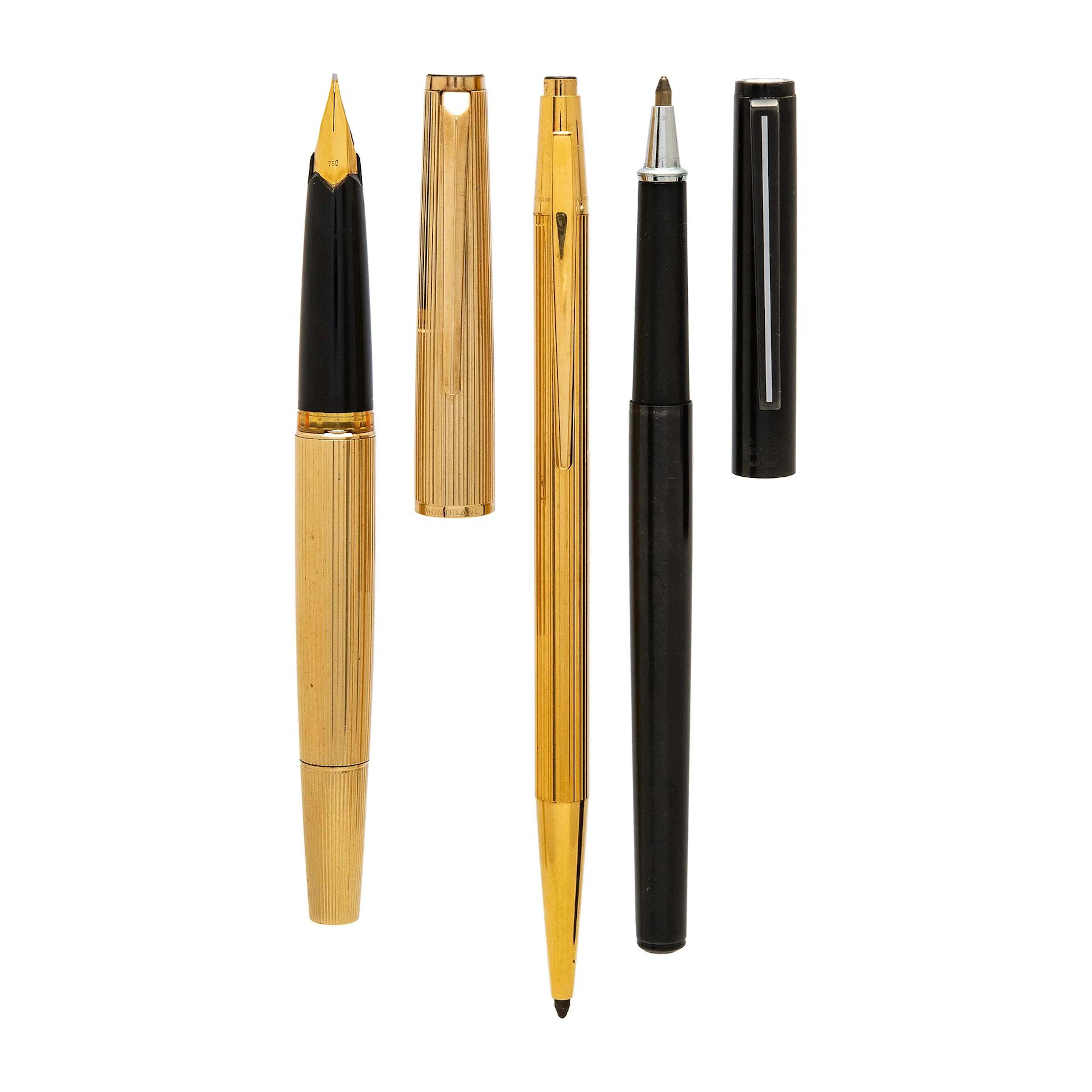 TRES ARTICULOS DE ESCRITURA MONTBLANC VINTAGE EN METAL DORADO Y ESMALTE