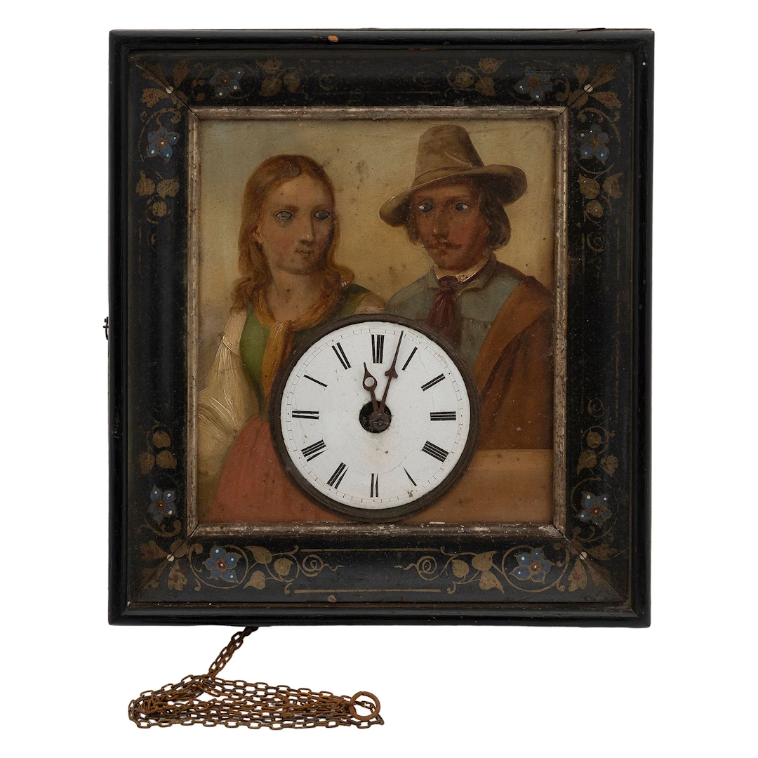 RELOJ DE PARED AUTÓMATA. ALEMANIA, SXX. Madera, metal, vidrio y óleo