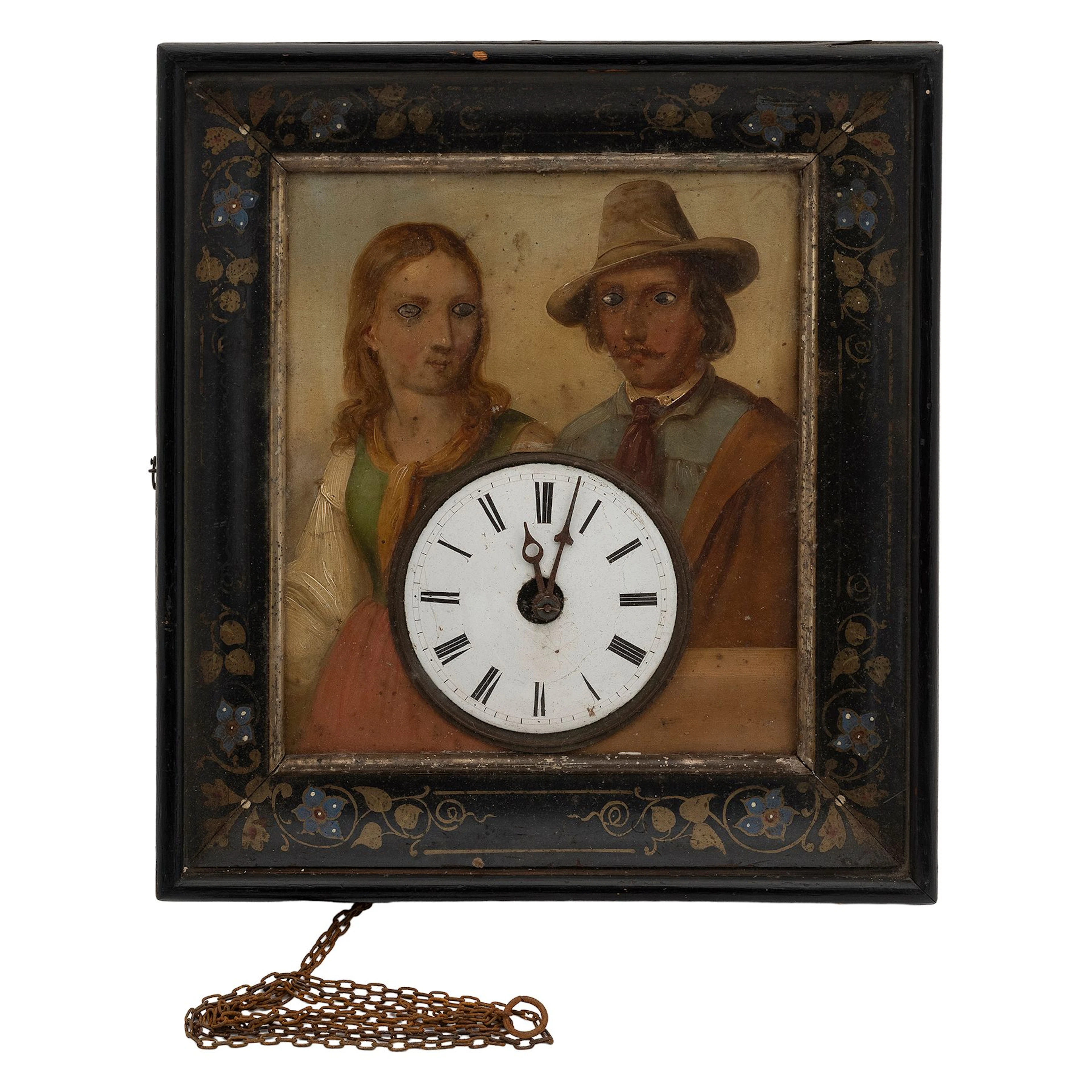 RELOJ DE PARED AUTÓMATA. ALEMANIA, SXX. Madera, metal, vidrio y óleo
