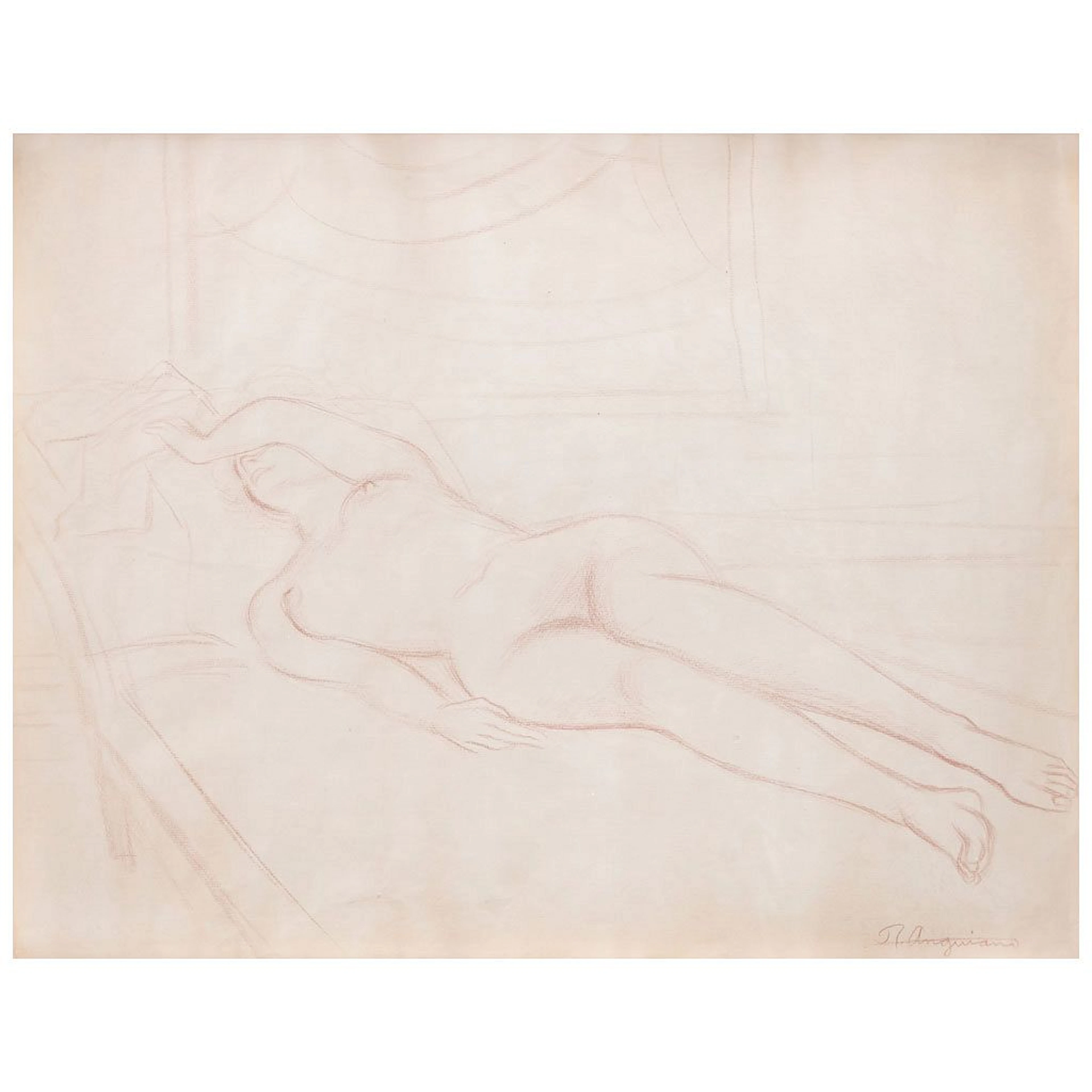 RAÚL ANGUIANO. Sin título. Firmada. Sanguina sobre papel. 49 x 62 cm