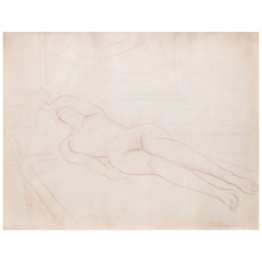 RAÚL ANGUIANO. Sin título. Firmada. Sanguina sobre papel. 49 x 62 cm