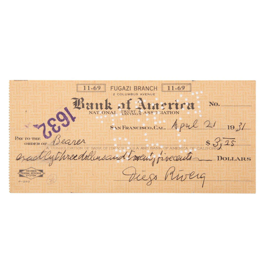 CHEQUE FIRMADO POR DIEGO RIVERA EL 21 DE ABRIL DE 1931. SAN FRANCISCO