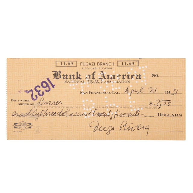 CHEQUE FIRMADO POR DIEGO RIVERA EL 21 DE ABRIL DE 1931. SAN FRANCISCO