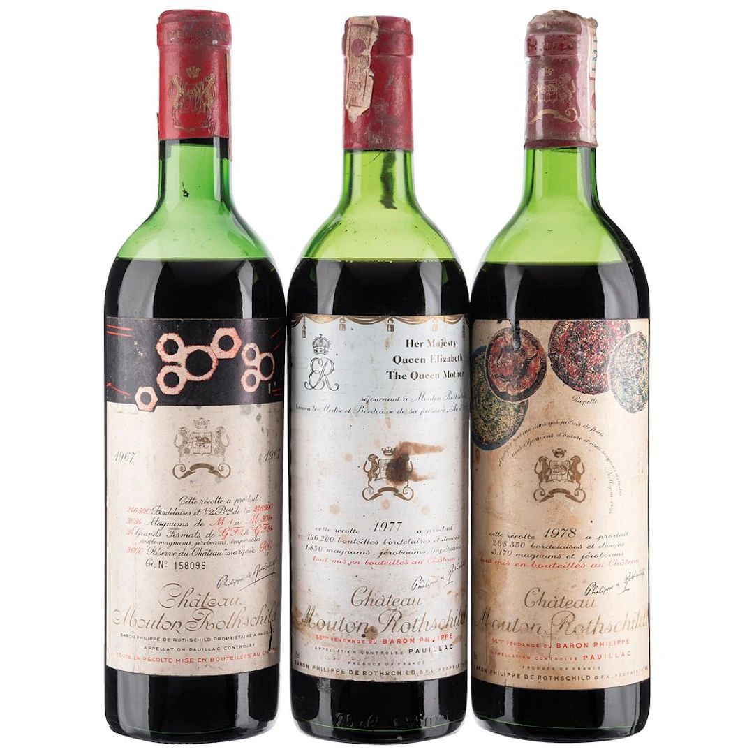 Vertical Château Mouton Rothschild Cosechas: 1967, 1977, 1978 Pauillac Francia