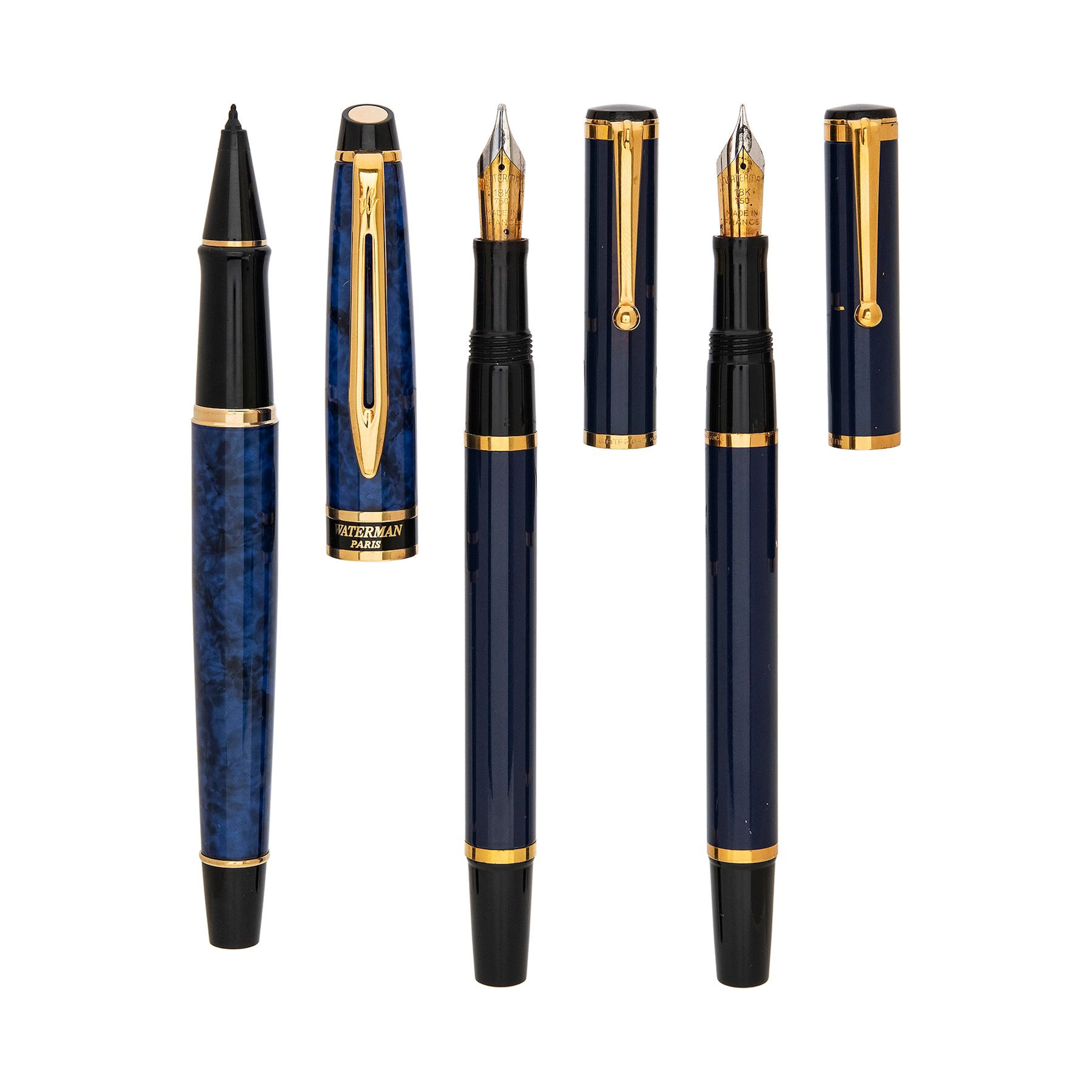 TRES ARTICULOS DE ESCRITURA WATERMAN EN ESMALTE Y METAL DORADO
