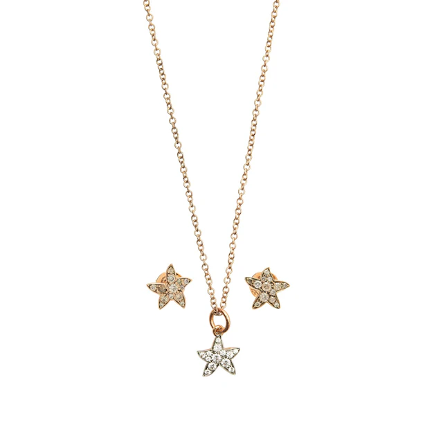 COLLAR Y PAR DE BROQUELES CON GEMAS EN ORO ROSA DE 9K DE LA FIRMA DODO