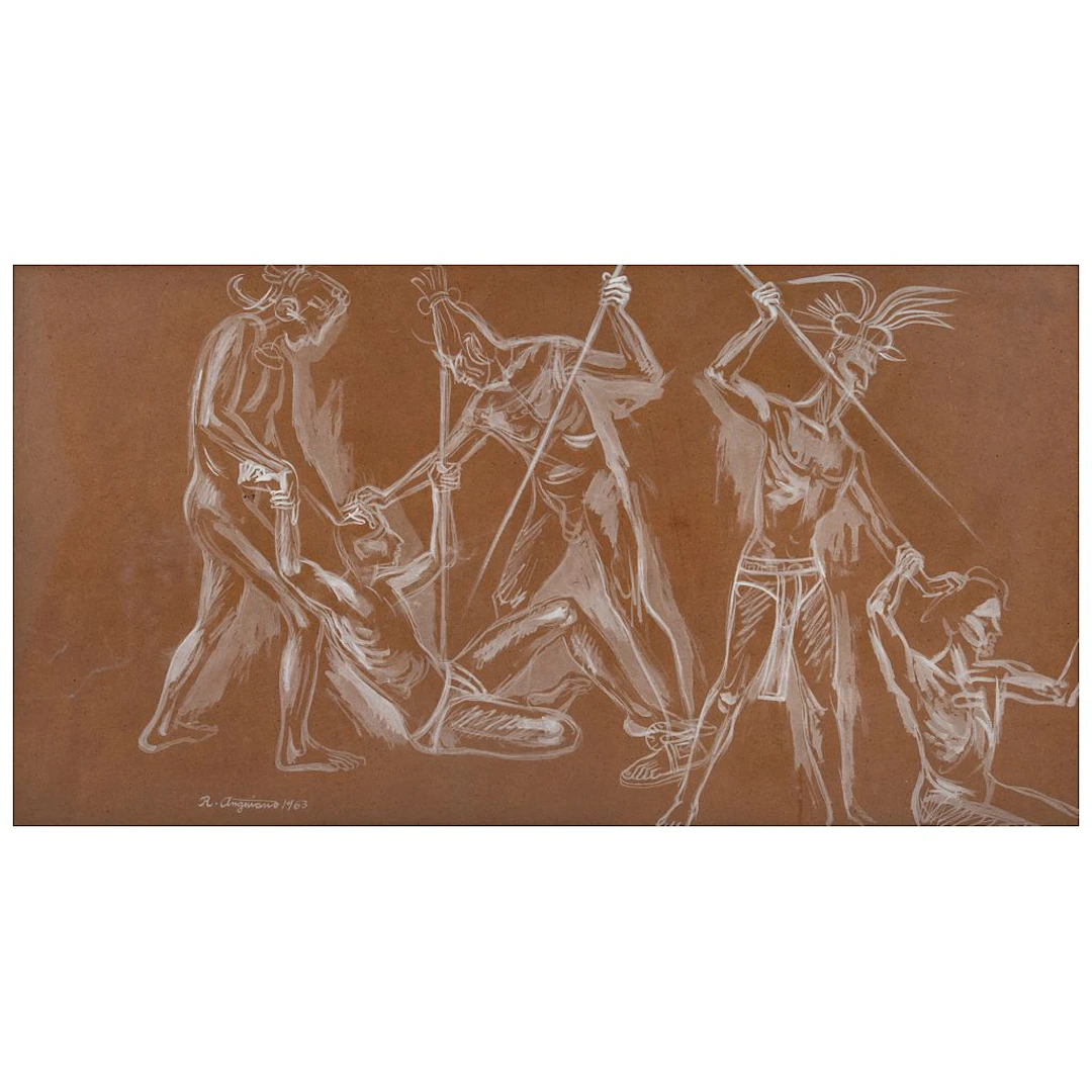 RAÚL ANGUIANO. Guerreros mayas. Firmado y fechado 1963 al frente.