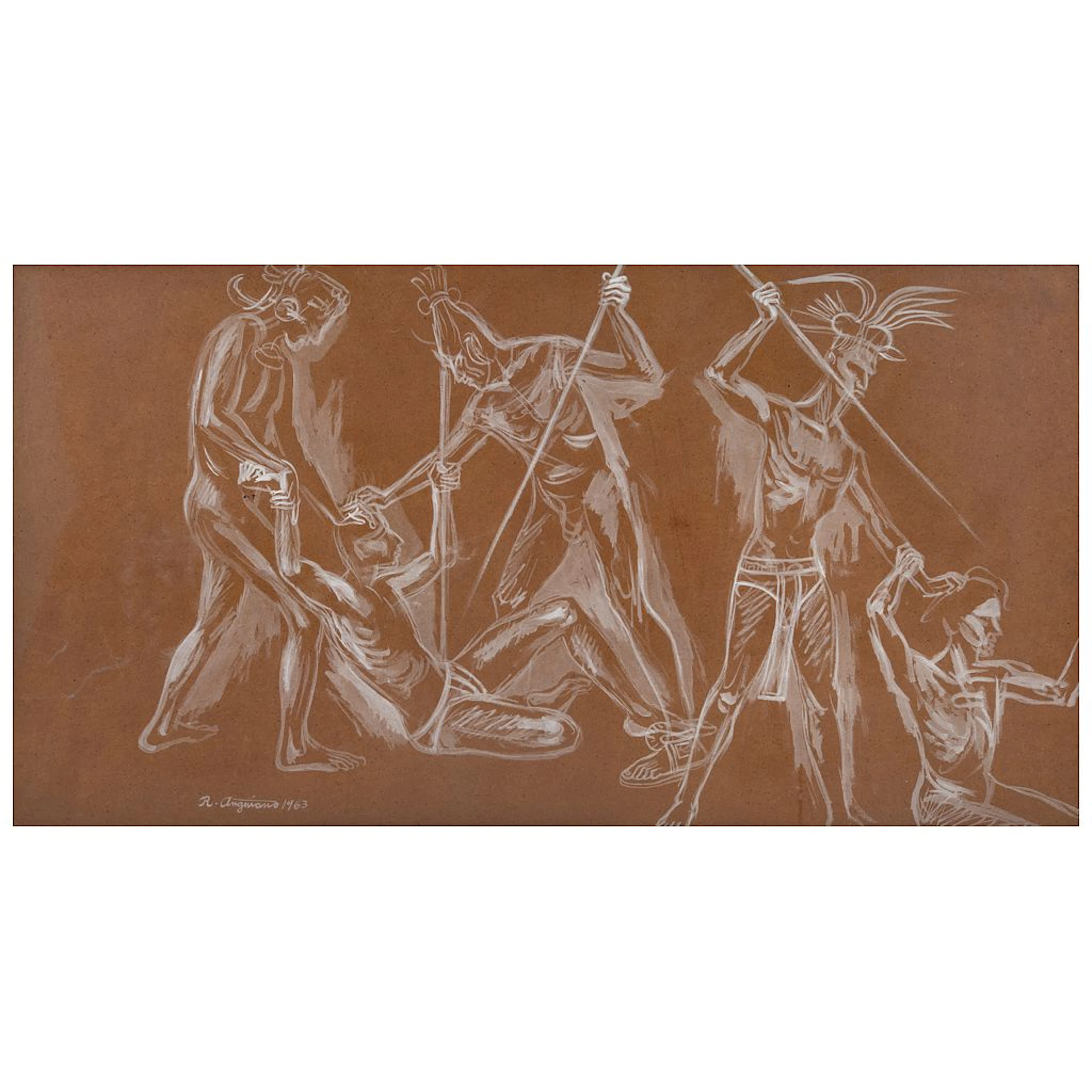 RAÚL ANGUIANO. Guerreros mayas. Firmado y fechado 1963 al frente.