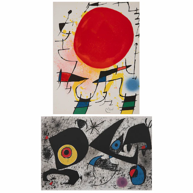 JOAN MIRÓ. a) Le Soleil Rouge y b) Hommage a Miró. Firmados en plancha.