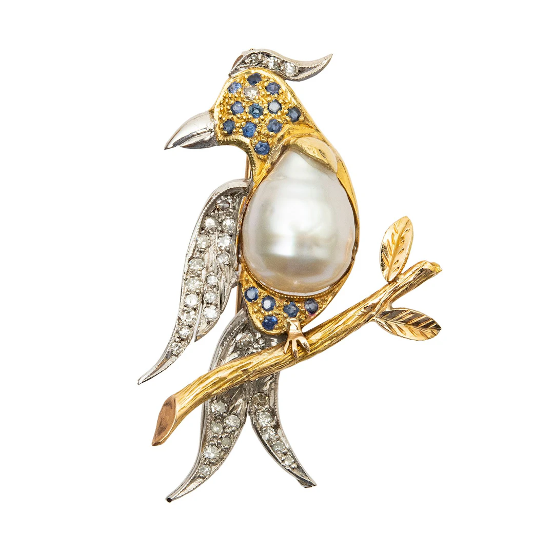 PRENDEDOR CON ZAFIROS, PERLA BARROCA Y DIAMANTES EN ORO AMARILLO DE