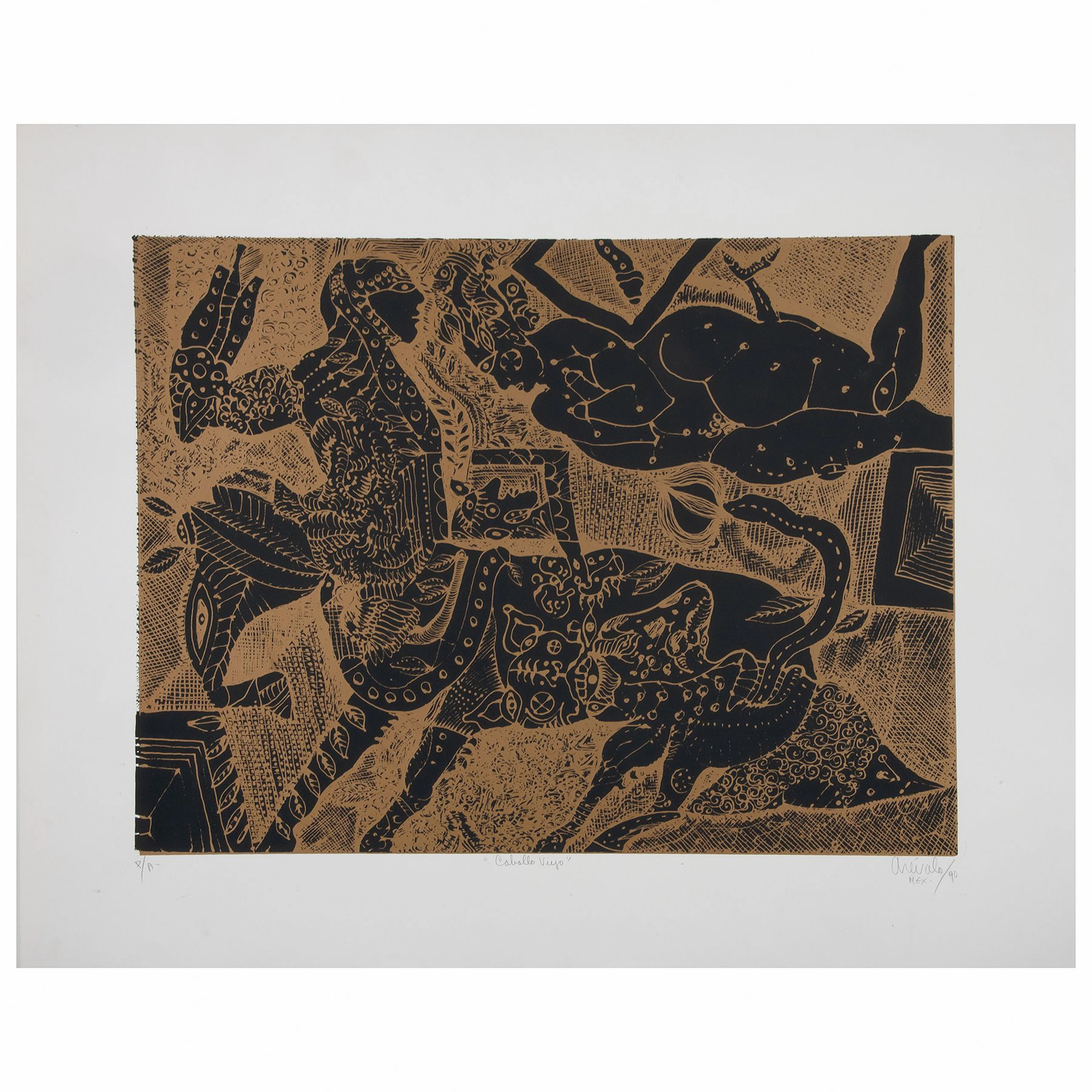 JAVIER ARÉVALO. Caballo viejo. Firmado y fechado Mex. 90 Serigrafía
