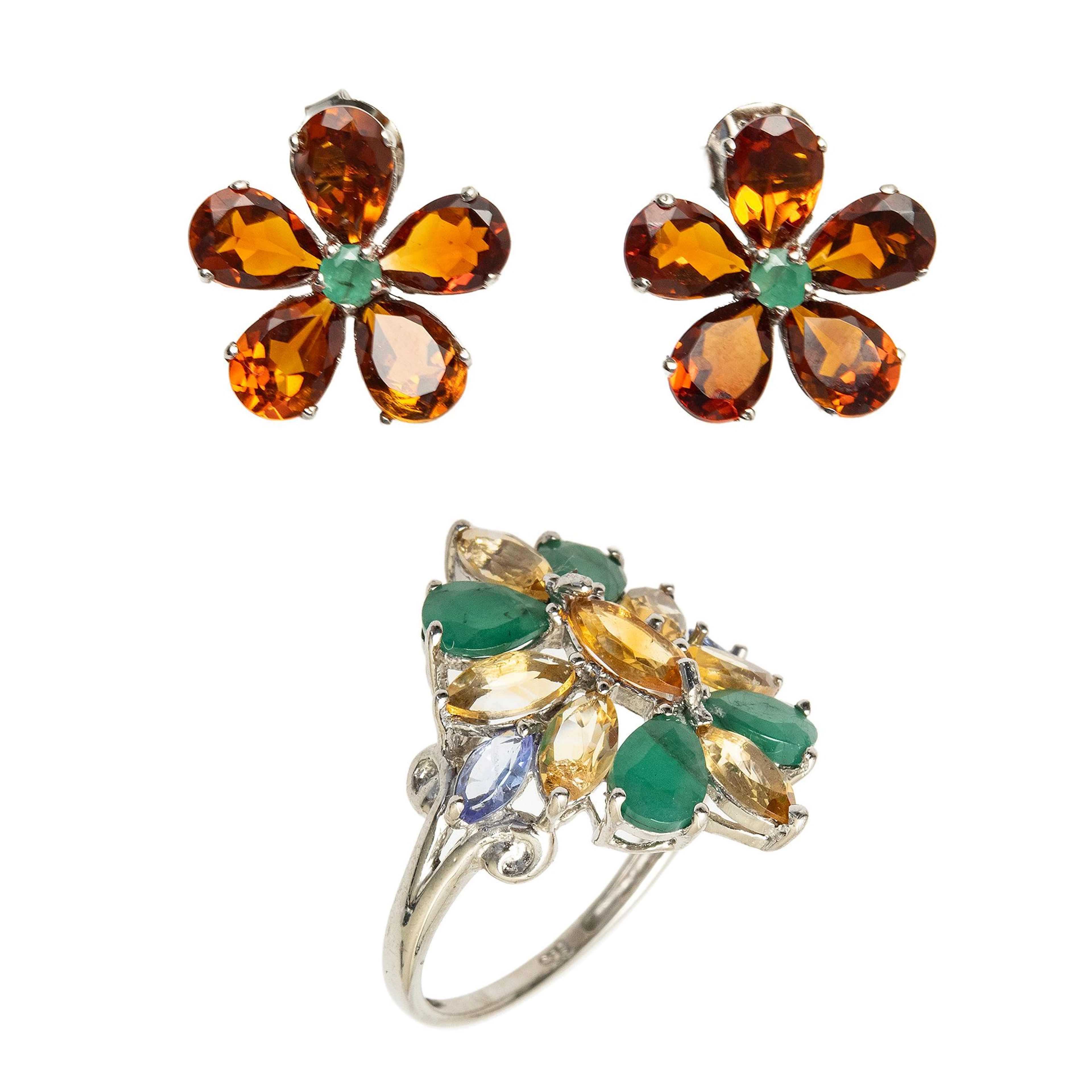 ANILLO Y PAR BROQUELES CON CUARZOS, TANZANITAS EN PLATA .925